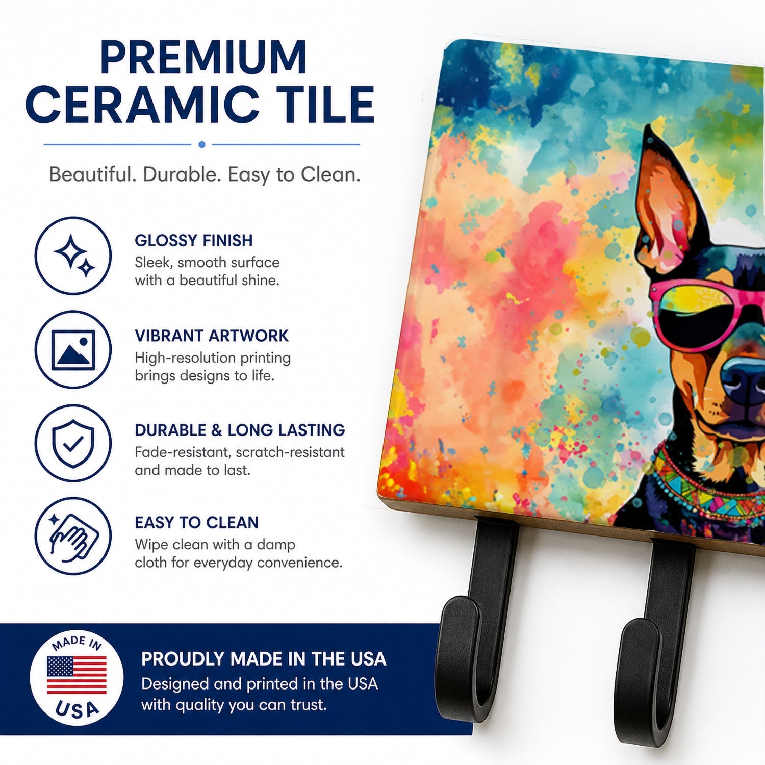 Doberman Pinscher Hippie Dawg Leash or Key Holder Wall Hooks, Coat Rack Wall Mount, for Hanging Keys, Towels, Aprons, Leashes