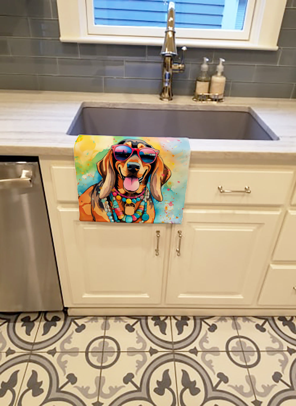 Doberman Pinscher Hippie Dawg Kitchen Towel Velour Plush Front and Cotton Loop Back Machine Washable