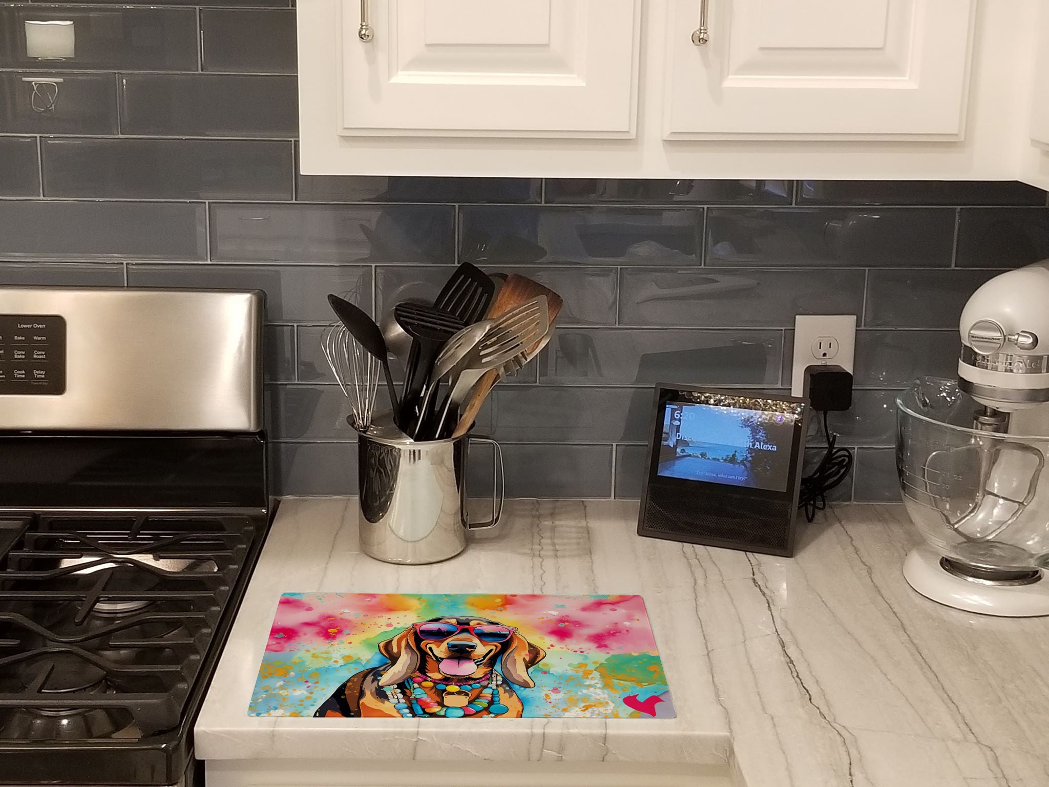 Doberman Pinscher Hippie Dawg Cutting Board Tempered Glass Kitchen Cutting Surface, Heat Resistant Chopping, Non-Slip Feet, Food Prep & Serving