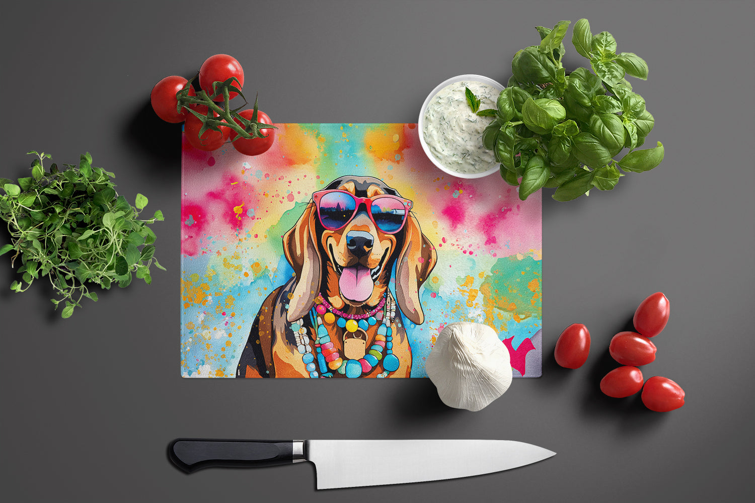 Doberman Pinscher Hippie Dawg Cutting Board Tempered Glass Kitchen Cutting Surface, Heat Resistant Chopping, Non-Slip Feet, Food Prep & Serving