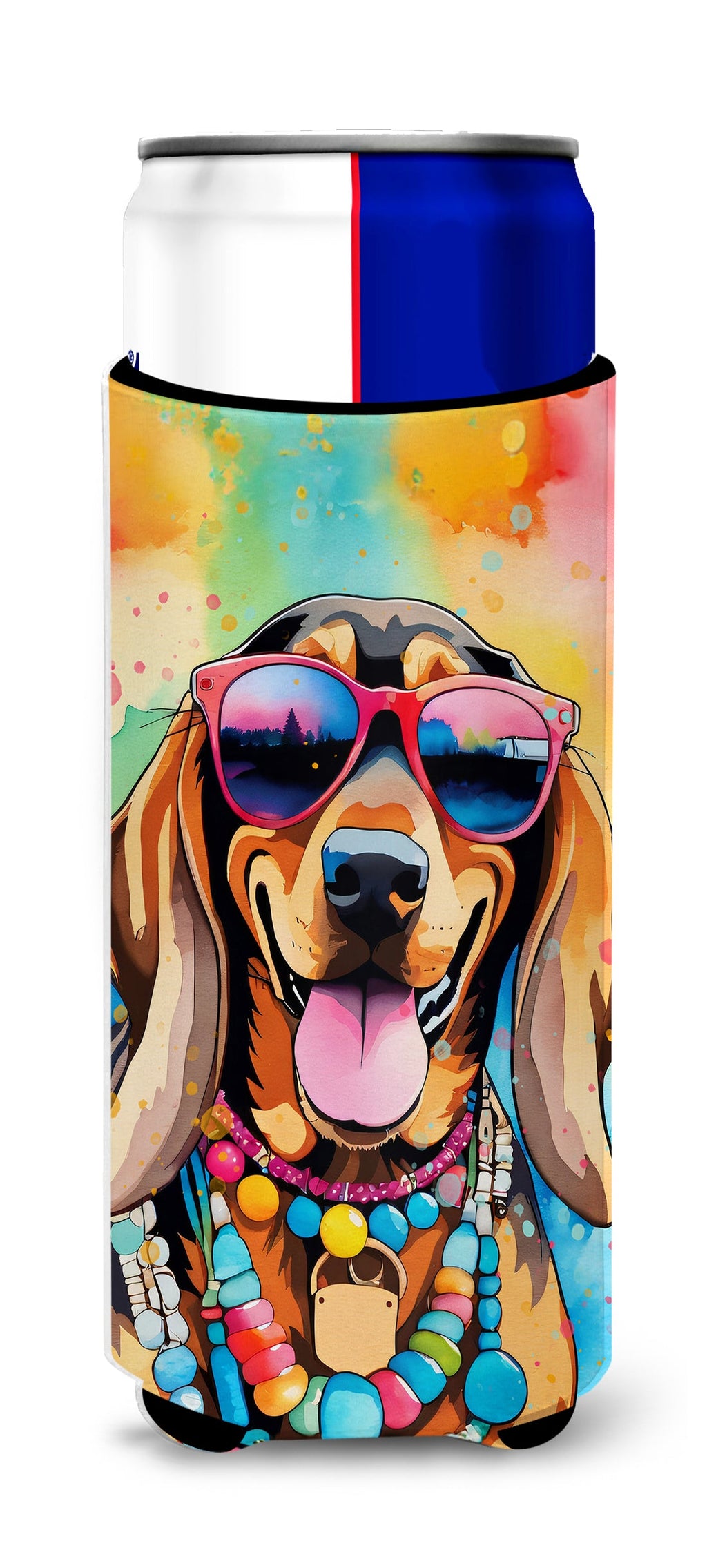 Doberman Pinscher Hippie Dawg Slim Can Hugger , Insulated Foam Hugger for 12 oz Slim Cans, Beer Bottles & Water Bottles, Printed in USA