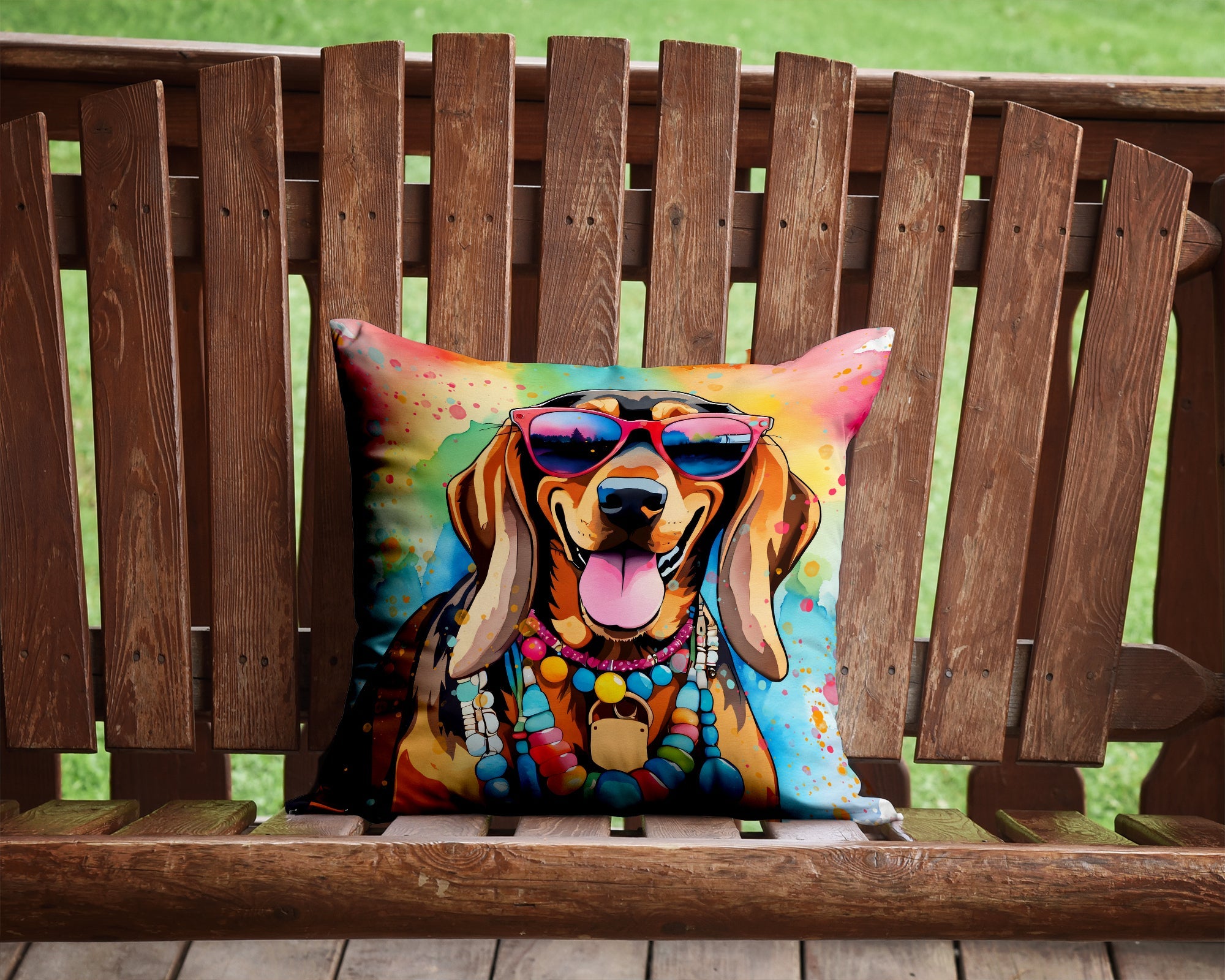 Doberman Pinscher Hippie Dawg Decorative Throw Pillow 14x14 Indoor Outdoor Accent Cushion, Fabric Cover with Insert for Sofa, Bed, Porch & Living Room