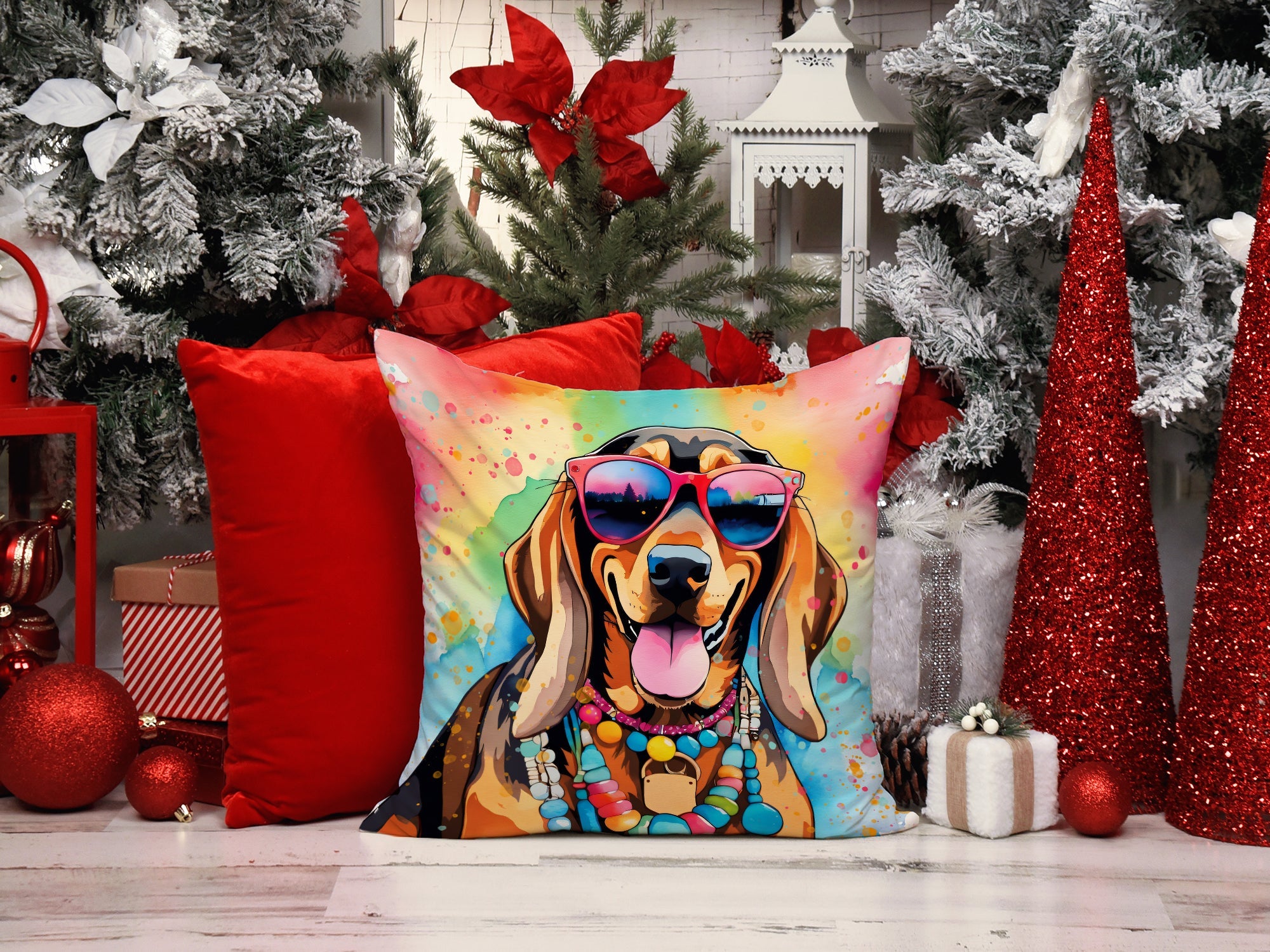 Doberman Pinscher Hippie Dawg Decorative Throw Pillow 18x18 Indoor Outdoor Accent Cushion, Fabric Cover with Insert for Sofa, Bed, Porch & Living Room
