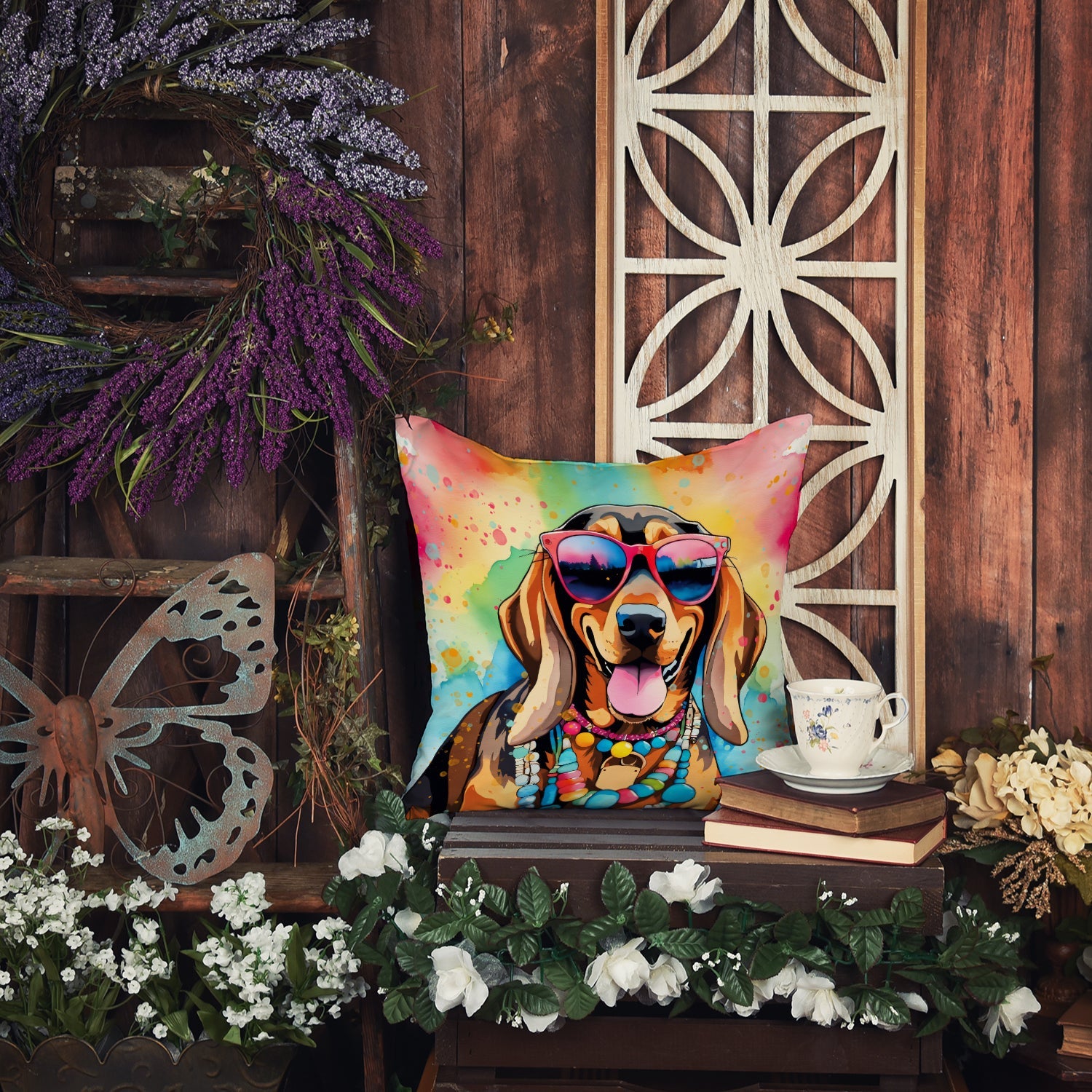Doberman Pinscher Hippie Dawg Decorative Throw Pillow 18x18 Indoor Outdoor Accent Cushion, Fabric Cover with Insert for Sofa, Bed, Porch & Living Room