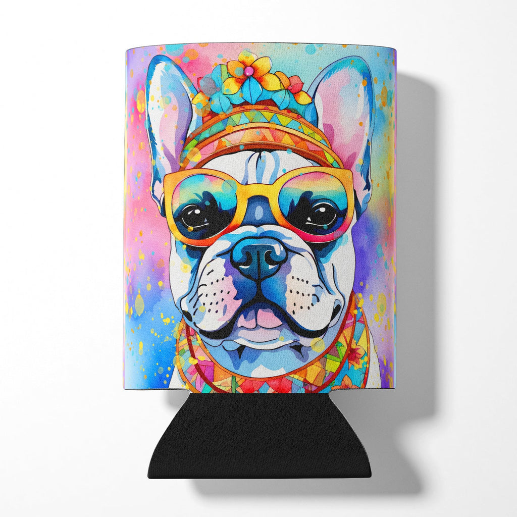 French Bulldog Hippie Dawg Can or Bottle Hugger Cooler Sleeve for Standard 12 oz Cans, Insulated Foam Beer & Soda Can Hugger Reusable