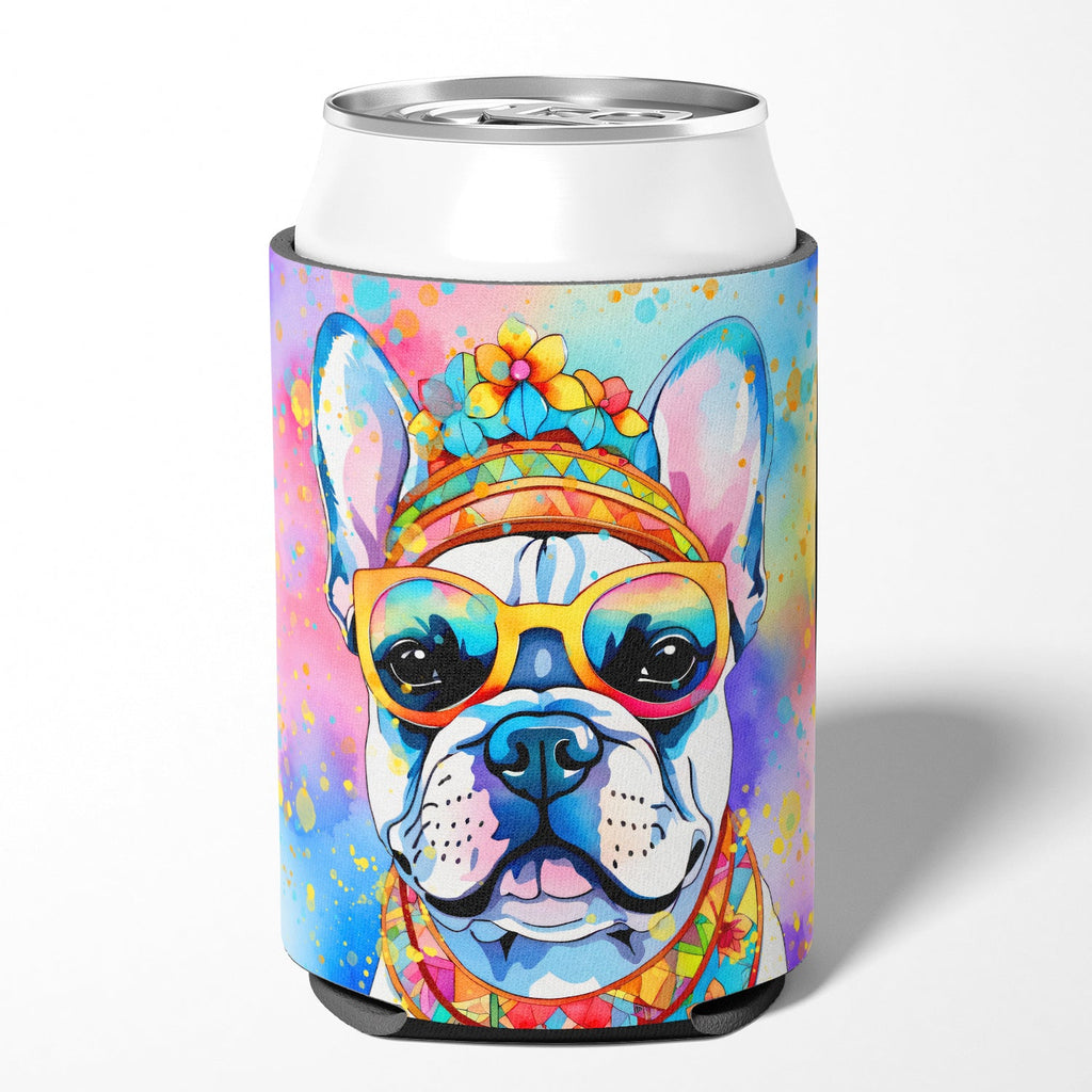 French Bulldog Hippie Dawg Can or Bottle Hugger Cooler Sleeve for Standard 12 oz Cans, Insulated Foam Beer & Soda Can Hugger Reusable