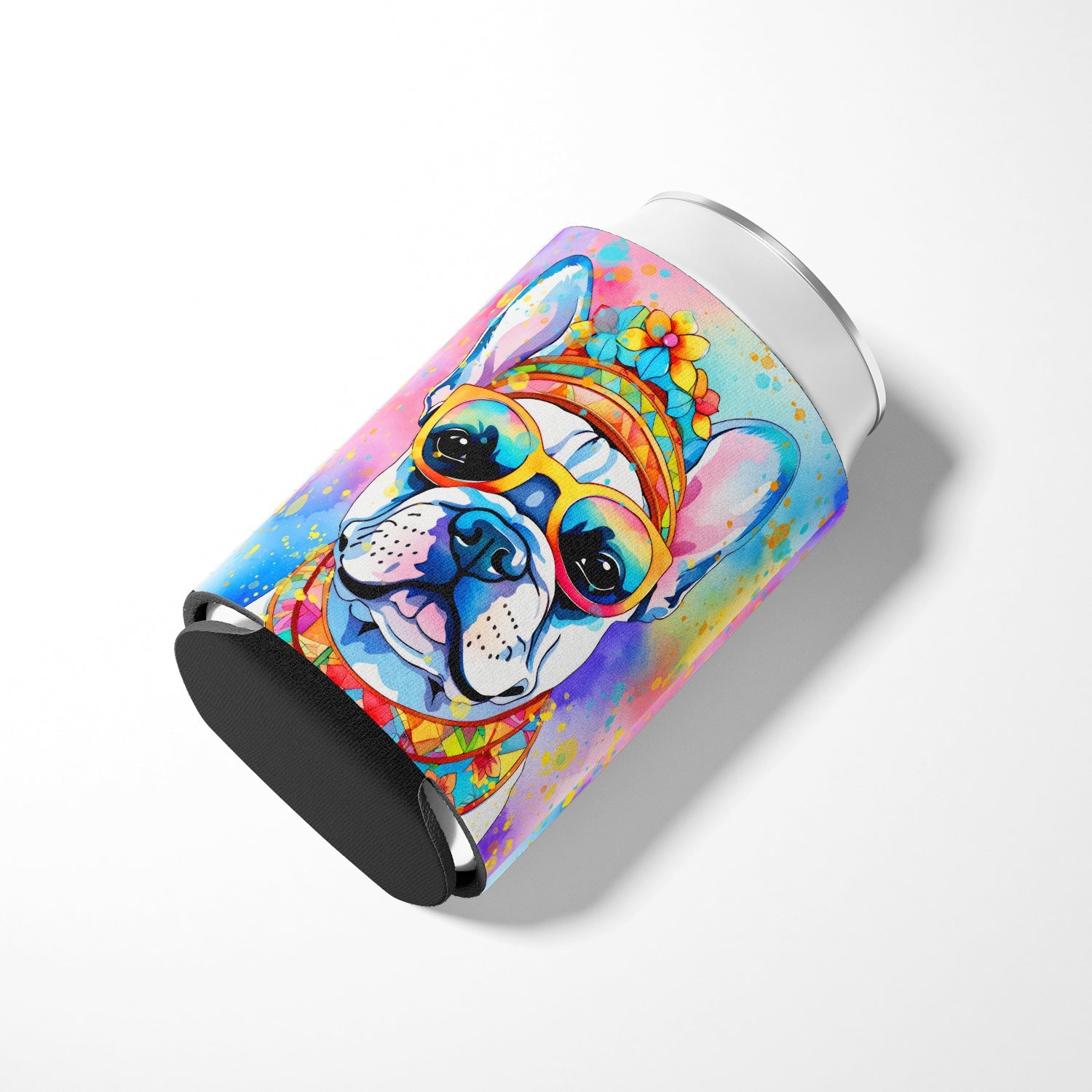 French Bulldog Hippie Dawg Can or Bottle Hugger Cooler Sleeve for Standard 12 oz Cans, Insulated Foam Beer & Soda Can Hugger Reusable