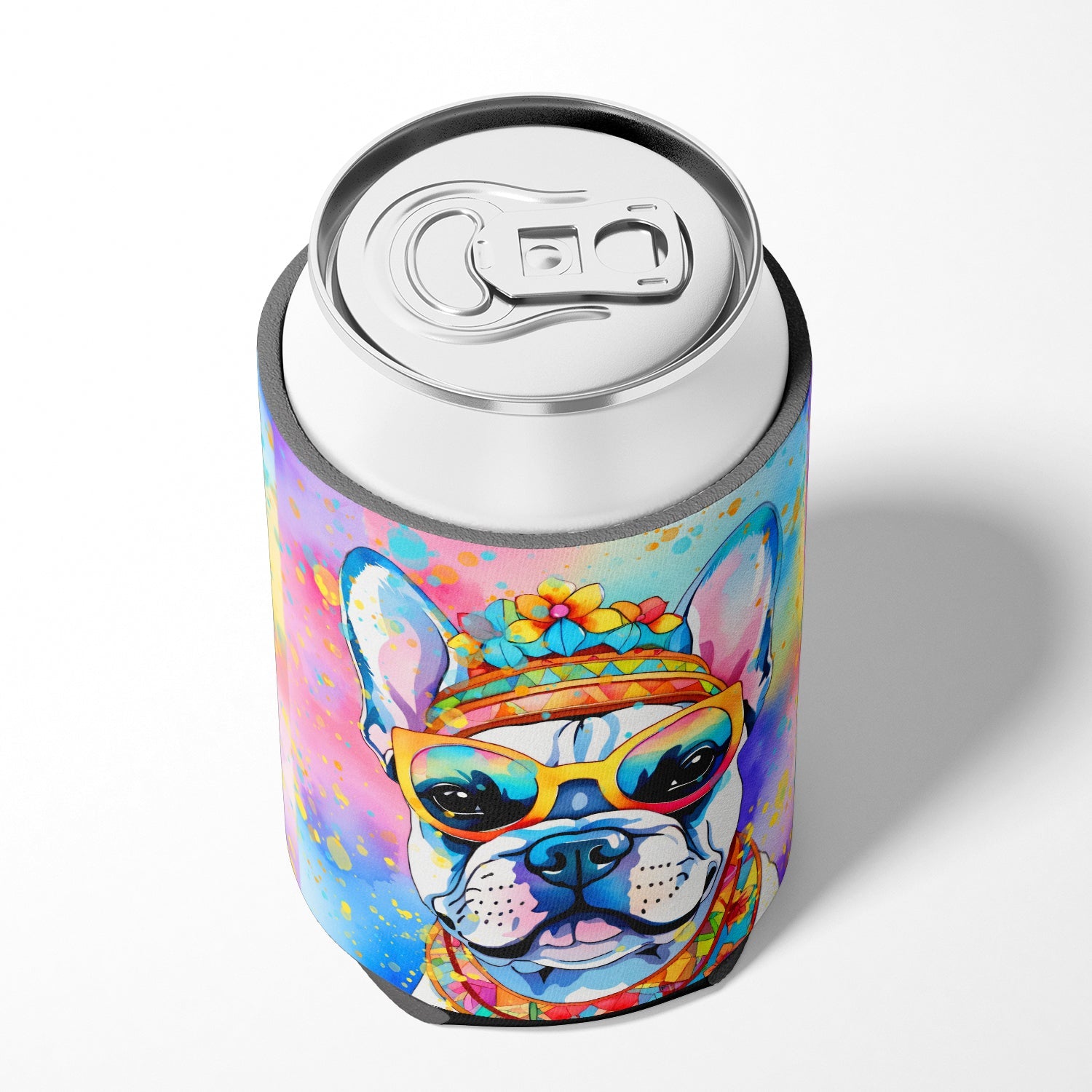 French Bulldog Hippie Dawg Can or Bottle Hugger Cooler Sleeve for Standard 12 oz Cans, Insulated Foam Beer & Soda Can Hugger Reusable
