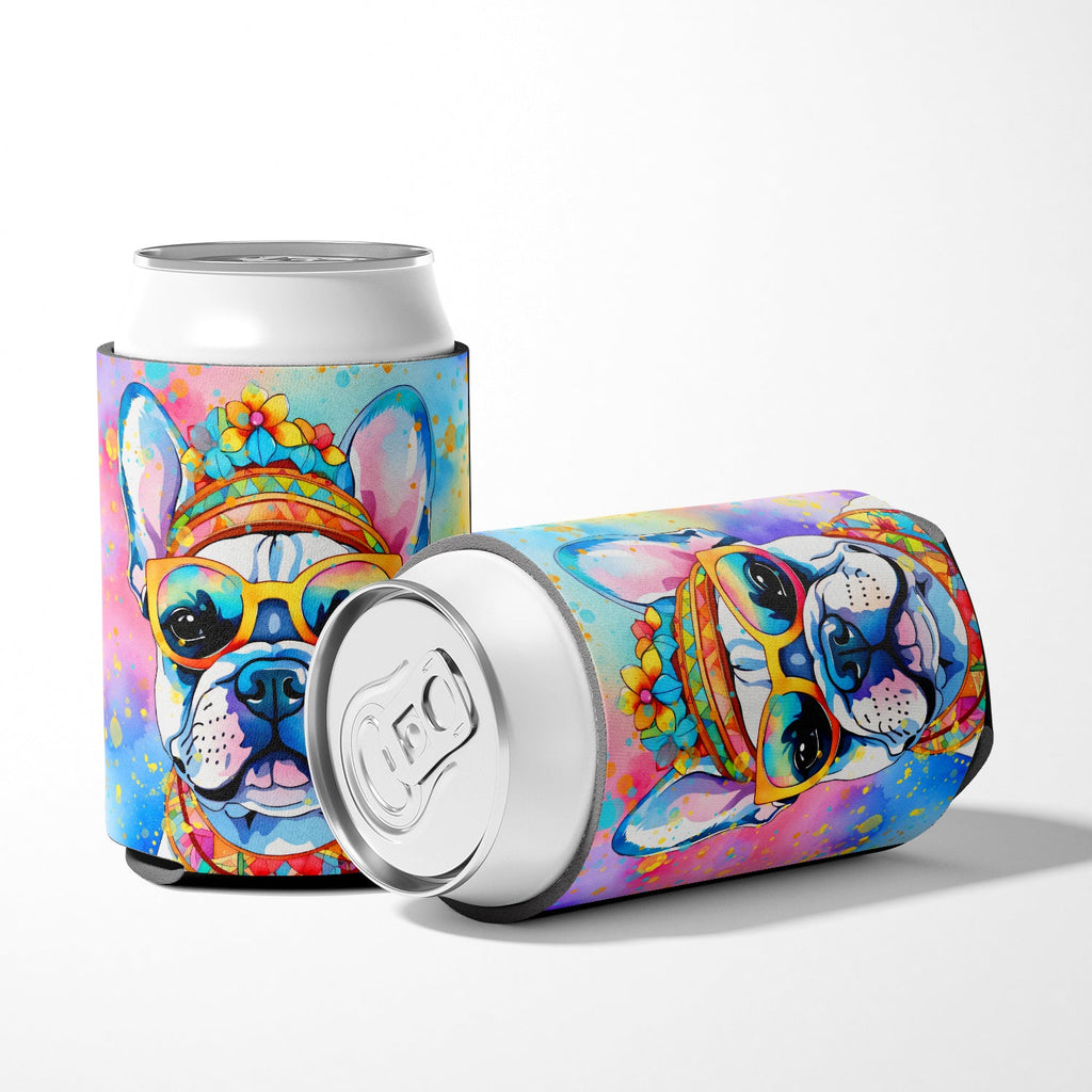 French Bulldog Hippie Dawg Can or Bottle Hugger Cooler Sleeve for Standard 12 oz Cans, Insulated Foam Beer & Soda Can Hugger Reusable