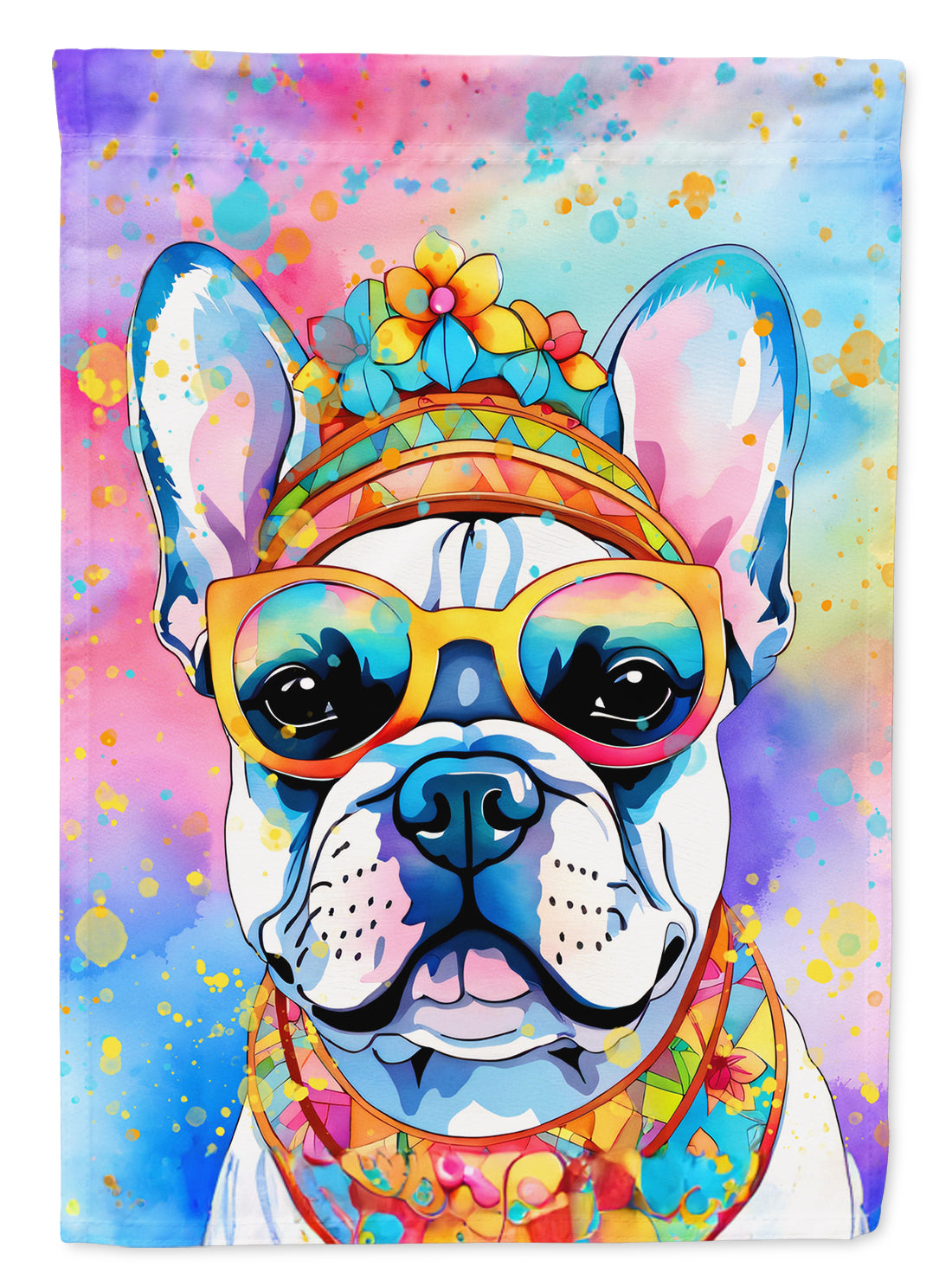 French Bulldog Hippie Dawg House Flag 28x40 Porch Sleeve Pole Decorative Outside Yard Banner Artwork Wall Hanging, Polyester