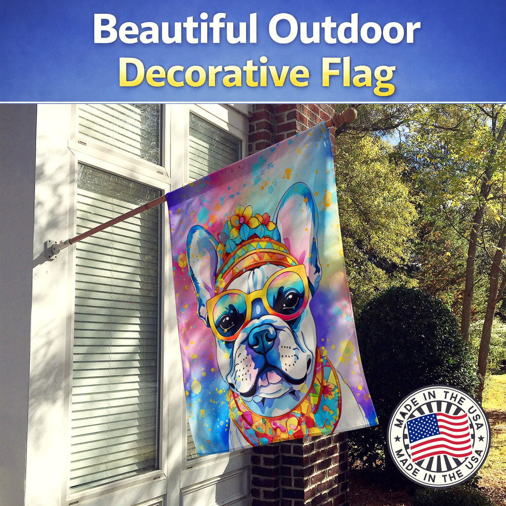 French Bulldog Hippie Dawg House Flag 28x40 Porch Sleeve Pole Decorative Outside Yard Banner Artwork Wall Hanging, Polyester