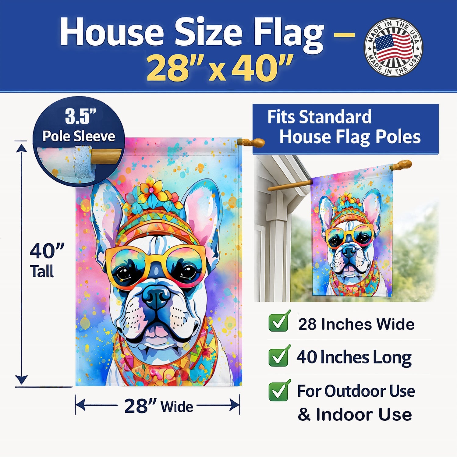 French Bulldog Hippie Dawg House Flag 28x40 Porch Sleeve Pole Decorative Outside Yard Banner Artwork Wall Hanging, Polyester