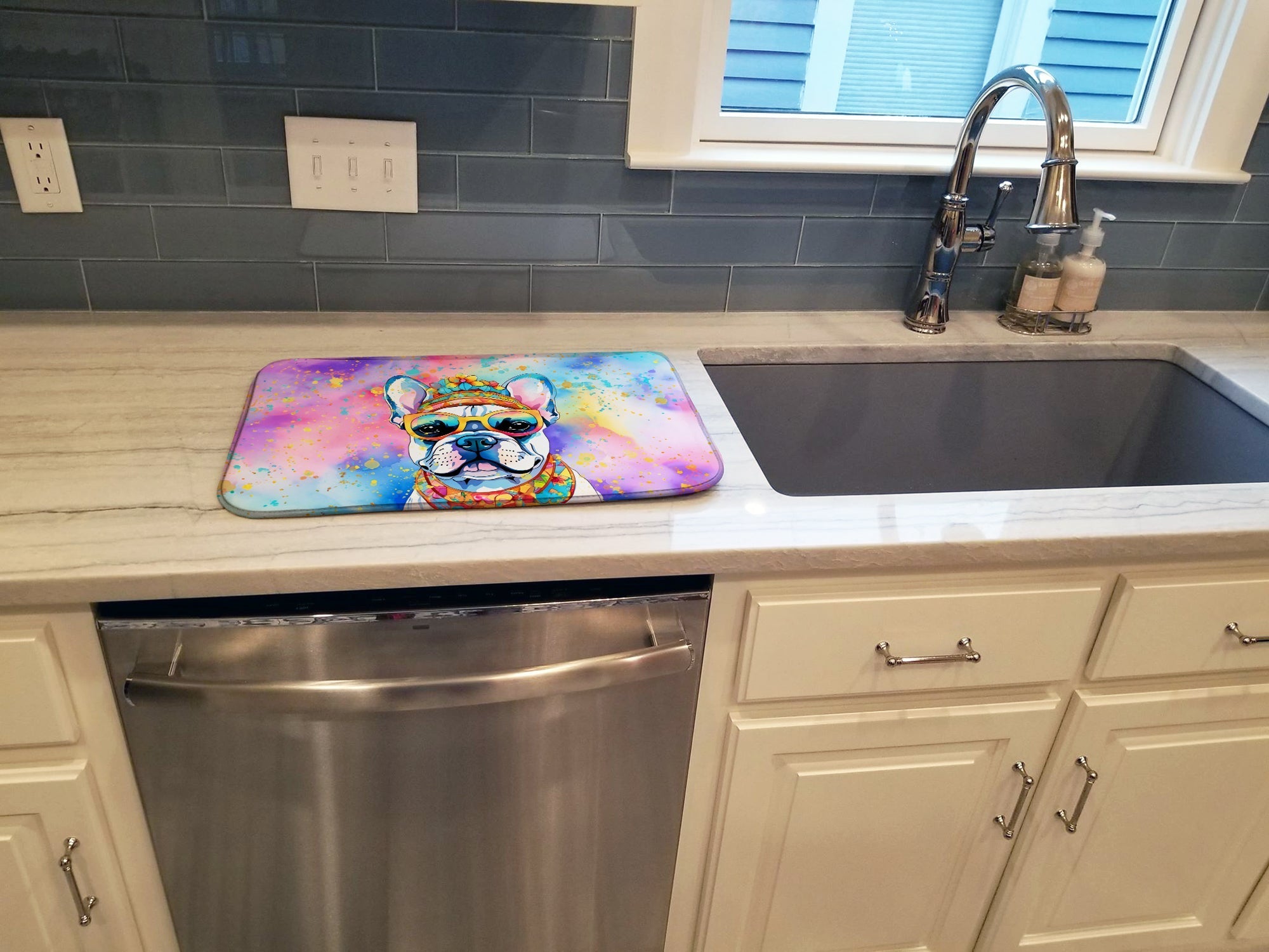 French Bulldog Hippie Dawg Dish Drying Mat Absorbent Dish Drying Mat Pad for Kitchen Counter Dish Drainer Mat for Countertop, 14 x 21", Multicolor