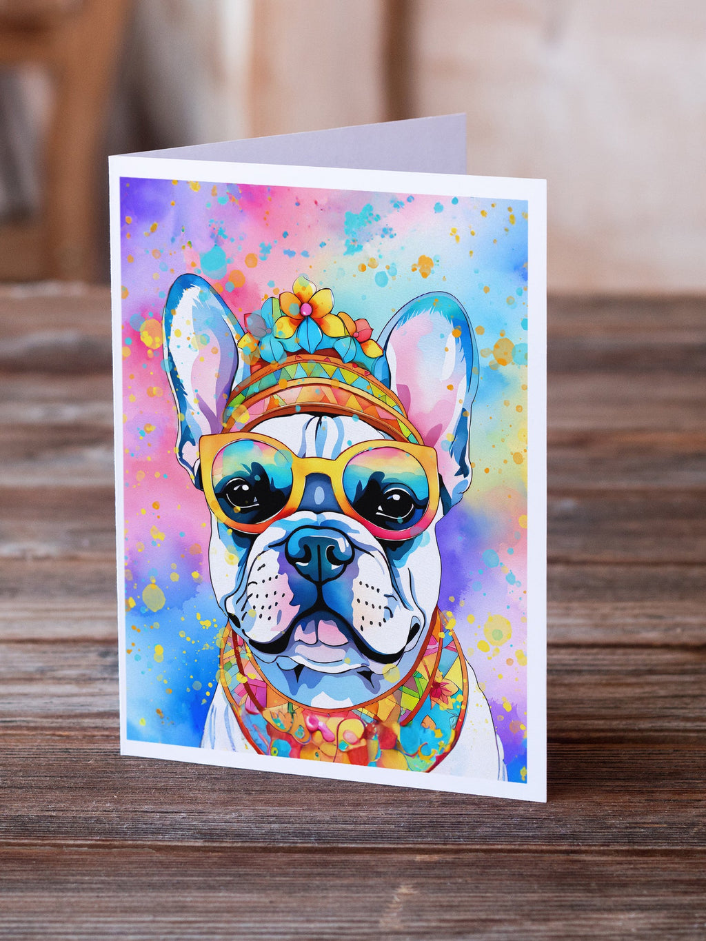 French Bulldog Hippie Dawg Greeting Cards Pack of 8 Blank Cards with Envelopes Whimsical A7 Size 5x7