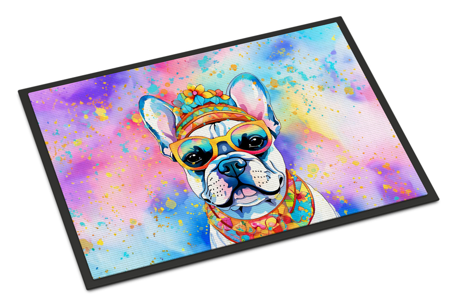 French Bulldog Hippie Dawg Doormat Indoor Outdoor 24H X 36W Front Door Mat Rugs for Entryway, Non Slip Washable Low Pile,