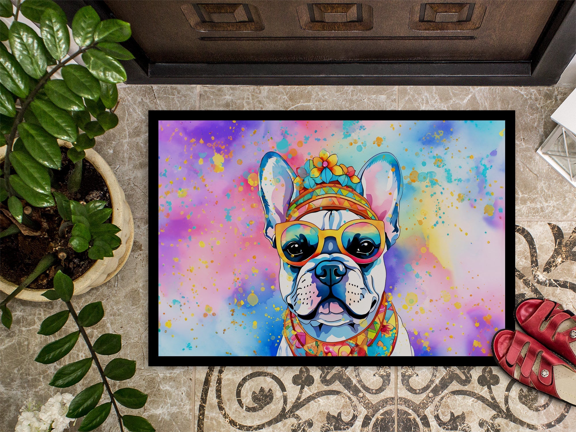 French Bulldog Hippie Dawg Doormat Indoor Outdoor 24H X 36W Front Door Mat Rugs for Entryway, Non Slip Washable Low Pile,