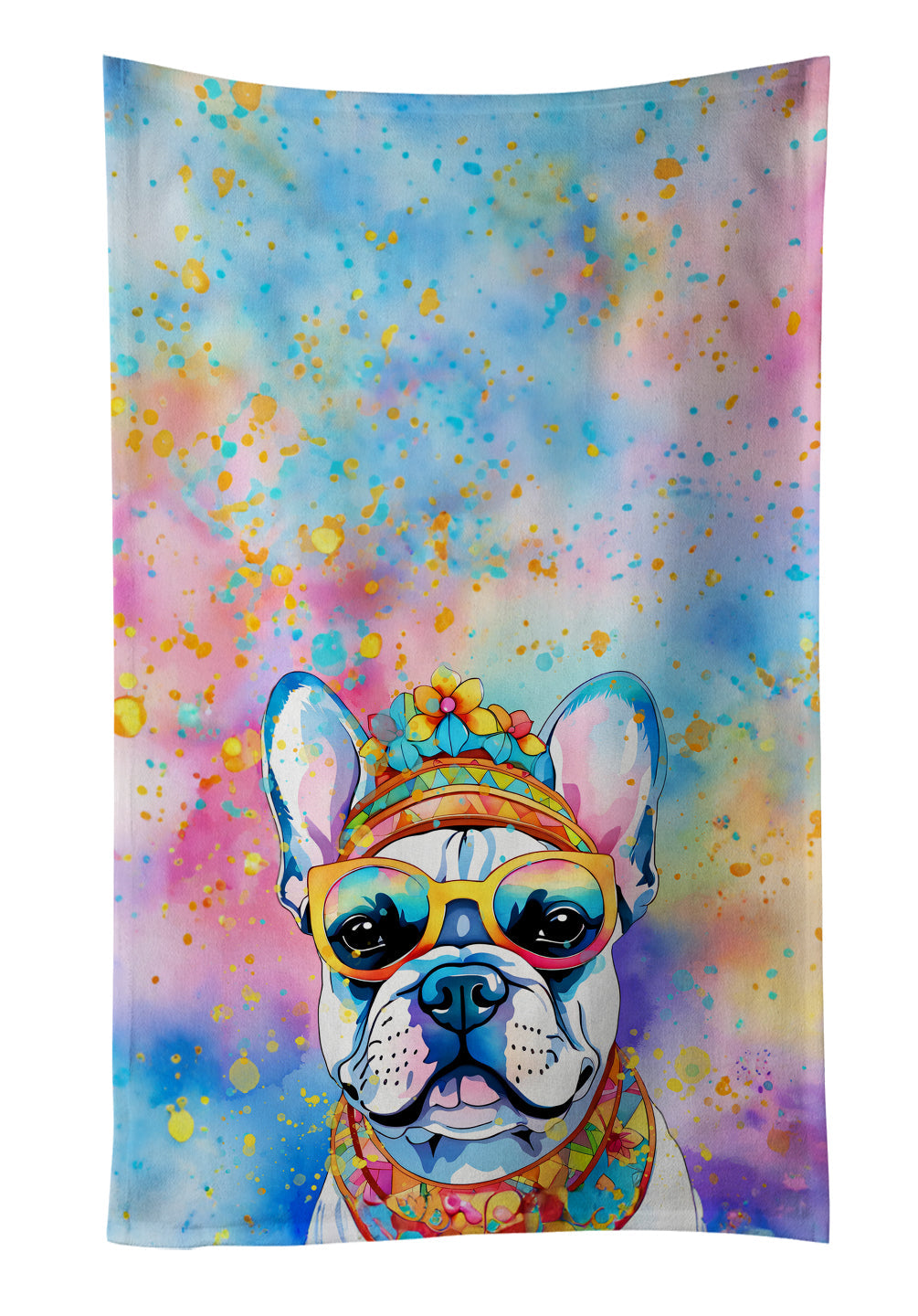 French Bulldog Hippie Dawg Kitchen Towel Velour Plush Front and Cotton Loop Back Machine Washable