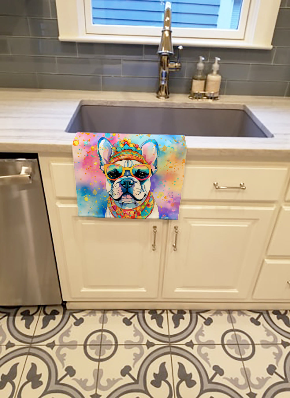 French Bulldog Hippie Dawg Kitchen Towel Velour Plush Front and Cotton Loop Back Machine Washable
