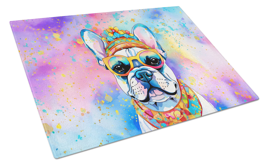 French Bulldog Hippie Dawg Cutting Board Tempered Glass Kitchen Cutting Surface, Heat Resistant Chopping, Non-Slip Feet, Food Prep & Serving