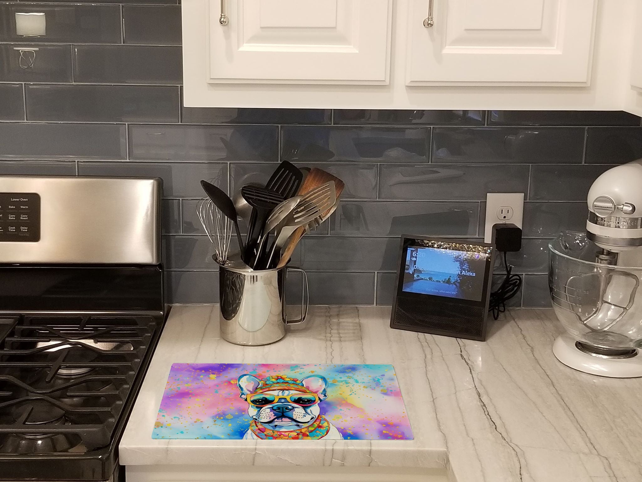 French Bulldog Hippie Dawg Cutting Board Tempered Glass Kitchen Cutting Surface, Heat Resistant Chopping, Non-Slip Feet, Food Prep & Serving