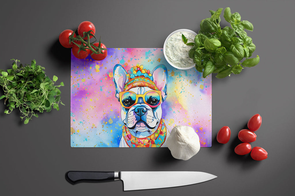French Bulldog Hippie Dawg Cutting Board Tempered Glass Kitchen Cutting Surface, Heat Resistant Chopping, Non-Slip Feet, Food Prep & Serving