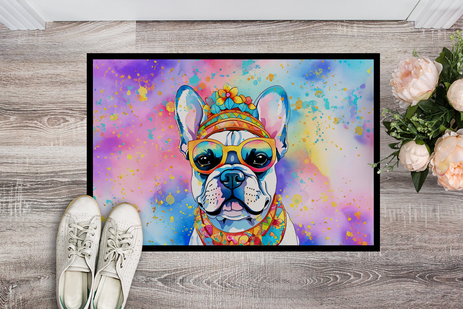 French Bulldog Hippie Dawg Doormat Indoor Outdoor 18H X 27W Front Door Mat Rugs for Entryway, Non Slip Washable