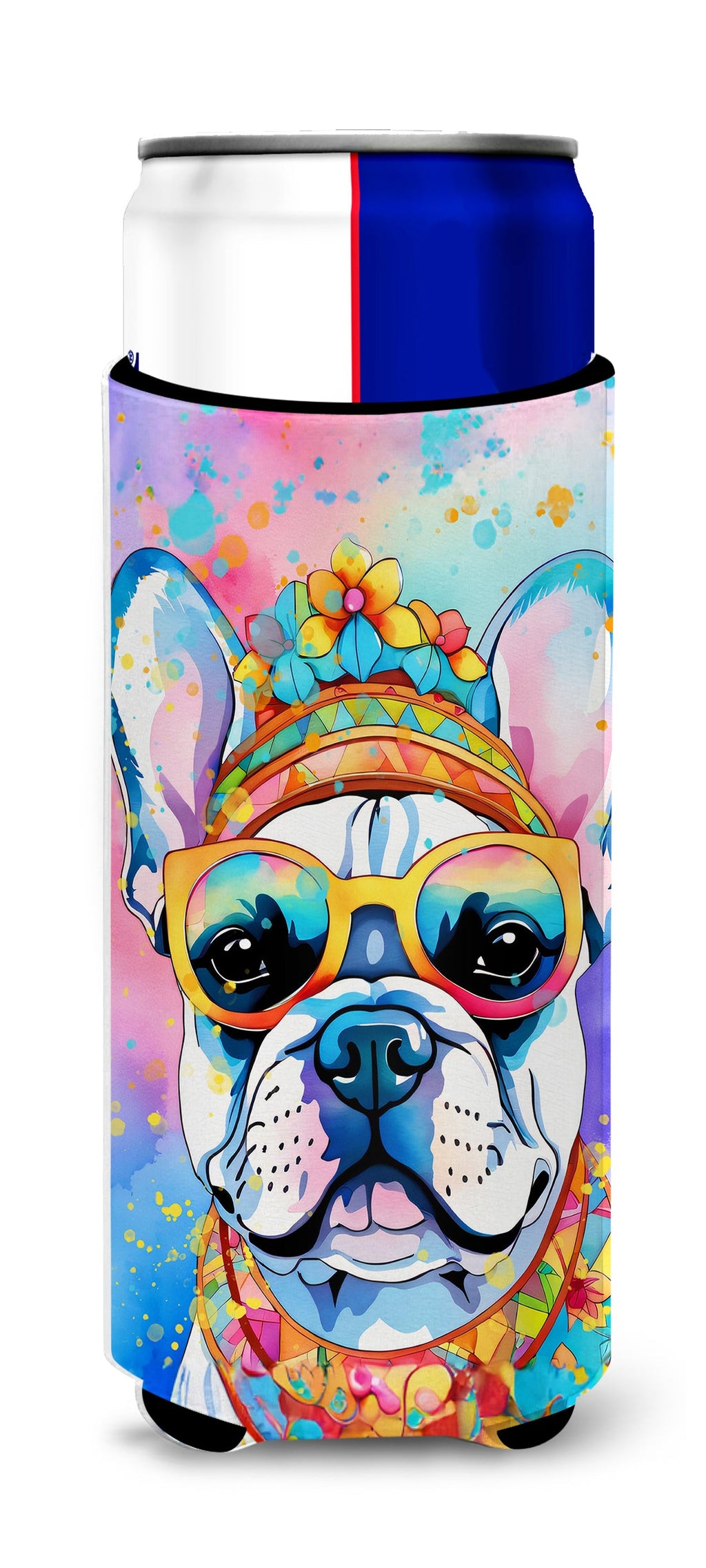 French Bulldog Hippie Dawg Slim Can Hugger , Insulated Foam Hugger for 12 oz Slim Cans, Beer Bottles & Water Bottles, Printed in USA
