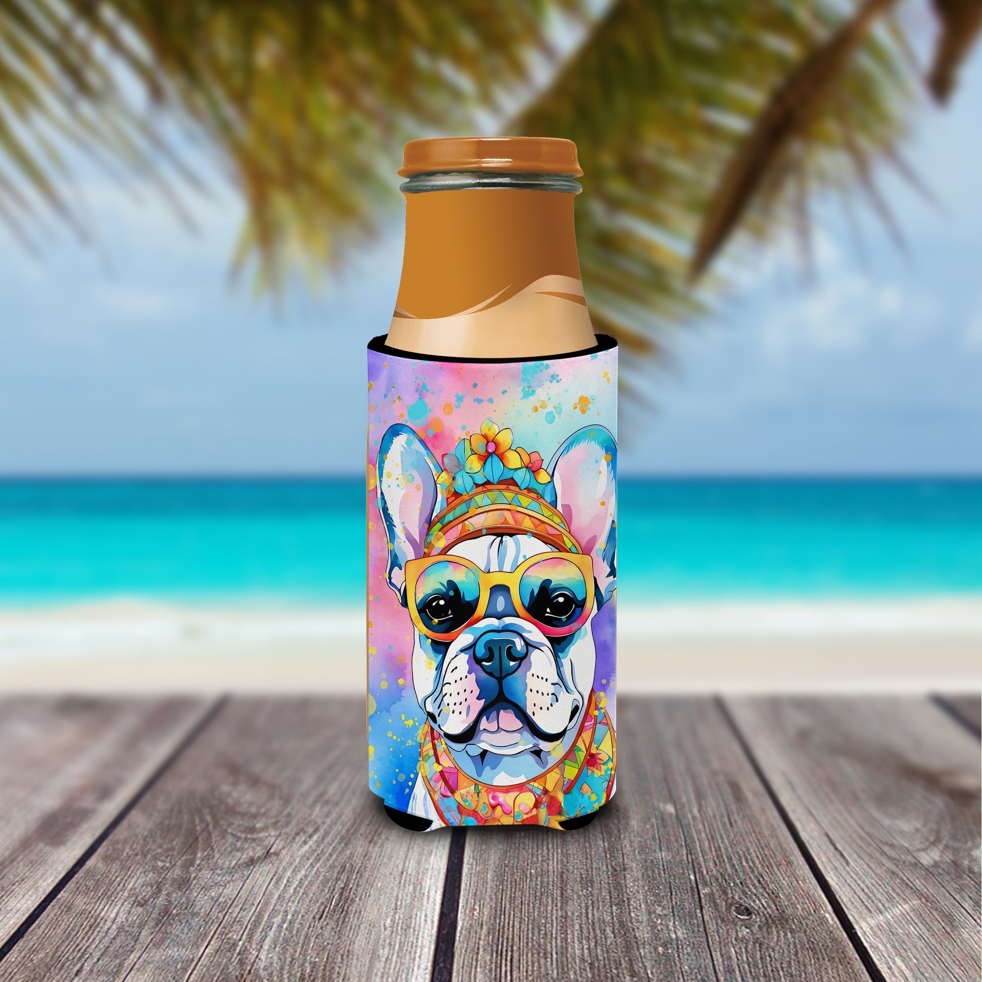 French Bulldog Hippie Dawg Slim Can Hugger , Insulated Foam Hugger for 12 oz Slim Cans, Beer Bottles & Water Bottles, Printed in USA