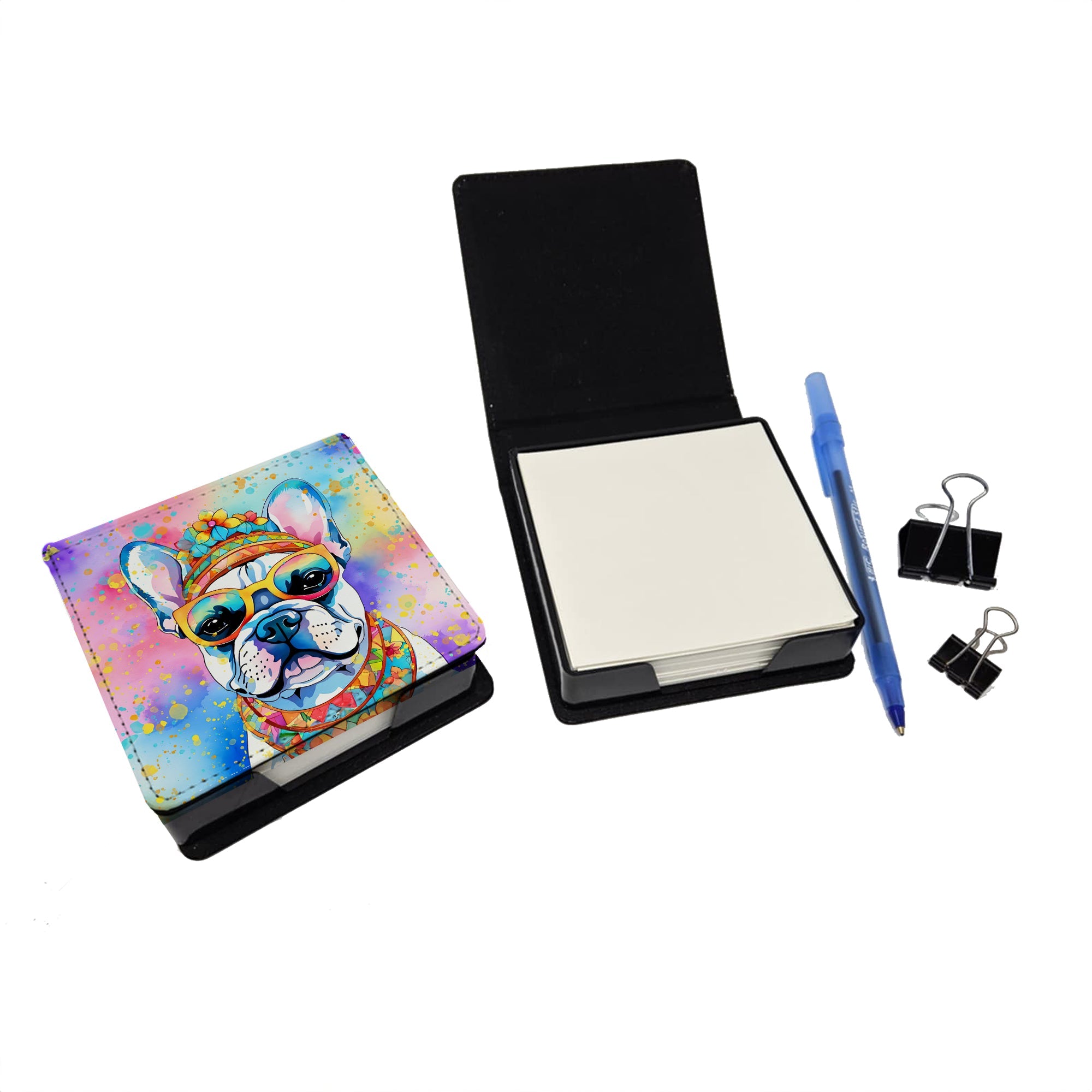 French Bulldog Hippie Dawg PU Leather Note Paper Holder with Artist-Designed Cover, Desk Accessory, Office Gift