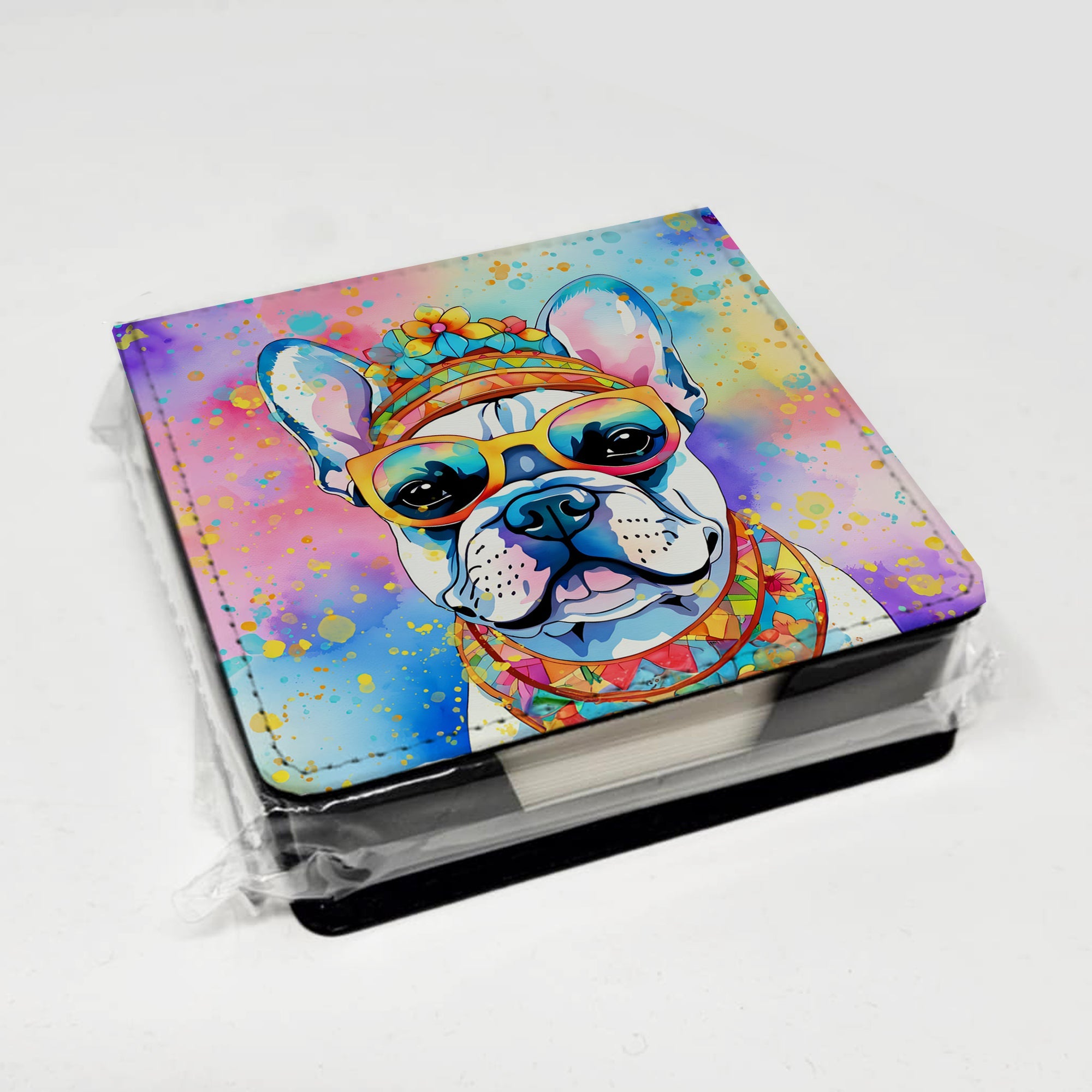 French Bulldog Hippie Dawg PU Leather Note Paper Holder with Artist-Designed Cover, Desk Accessory, Office Gift