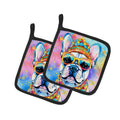 French Bulldog Hippie Dawg Pot Holder Set of 2 Heat Resistant Quilted Hot Pads 7.5 x 7.5 Inch, Insulated Kitchen Trivets for Cooking & Baking