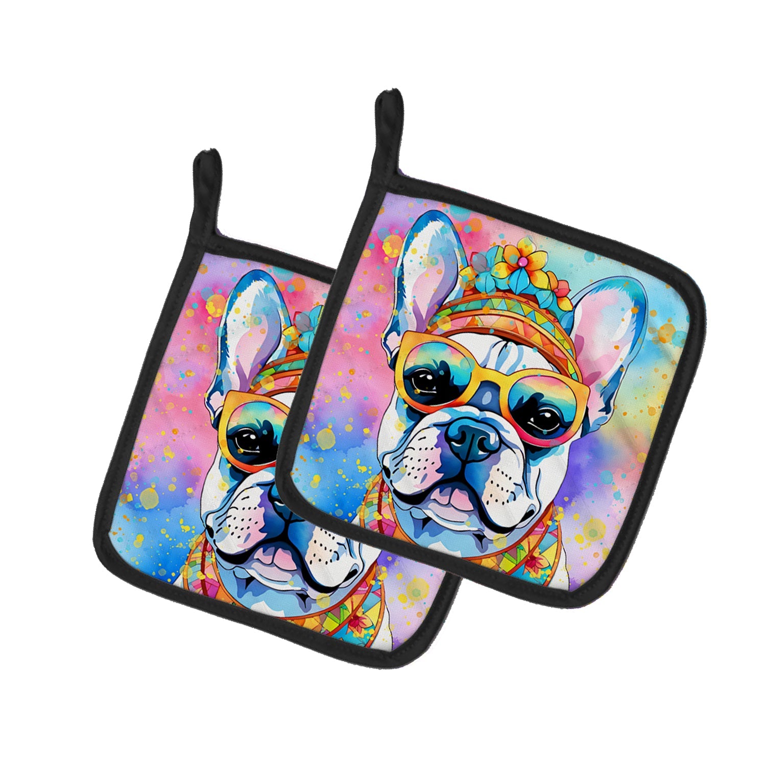 French Bulldog Hippie Dawg Pot Holder Set of 2 Heat Resistant Quilted Hot Pads 7.5 x 7.5 Inch, Insulated Kitchen Trivets for Cooking & Baking