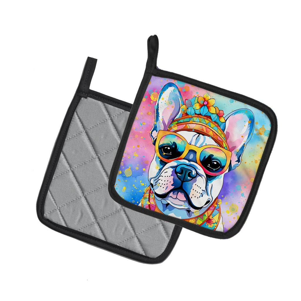 French Bulldog Hippie Dawg Pot Holder Set of 2 Heat Resistant Quilted Hot Pads 7.5 x 7.5 Inch, Insulated Kitchen Trivets for Cooking & Baking