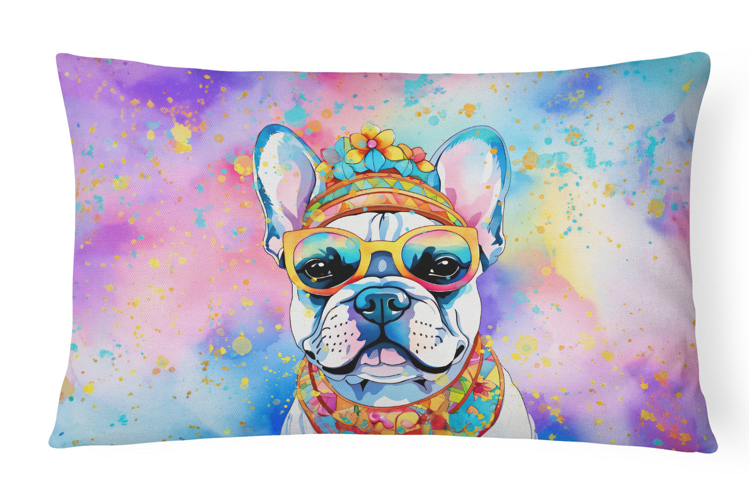 French Bulldog Hippie Dawg Decorative Throw Pillow 12x16 Indoor Outdoor Accent Cushion, Fabric Cover with Insert for Sofa, Bed, Porch & Living Room