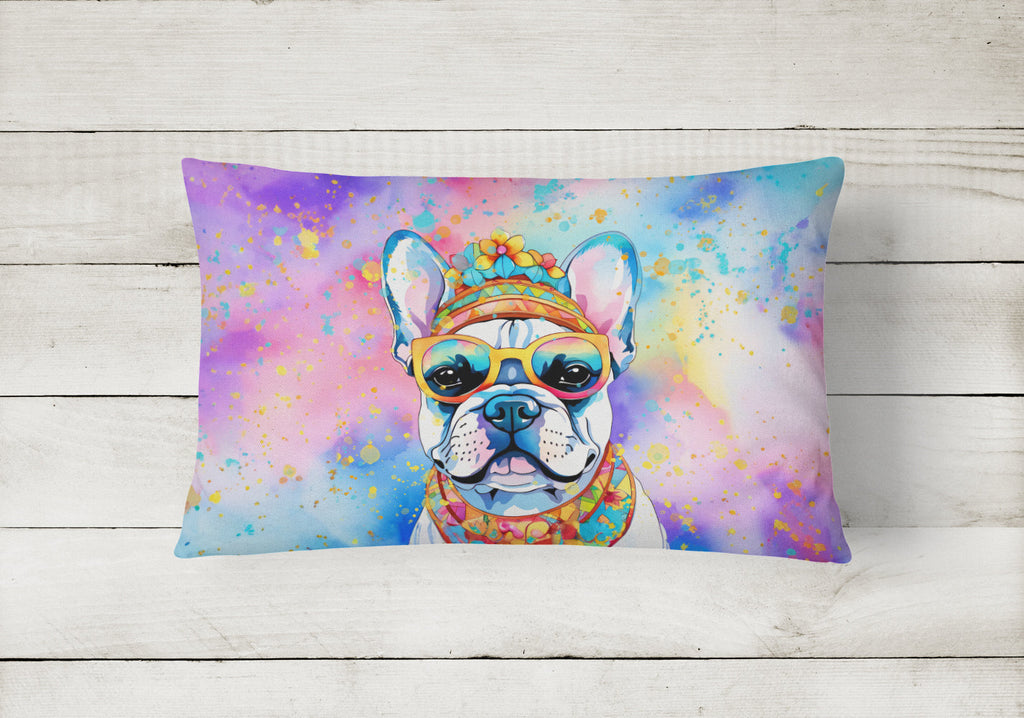 French Bulldog Hippie Dawg Decorative Throw Pillow 12x16 Indoor Outdoor Accent Cushion, Fabric Cover with Insert for Sofa, Bed, Porch & Living Room