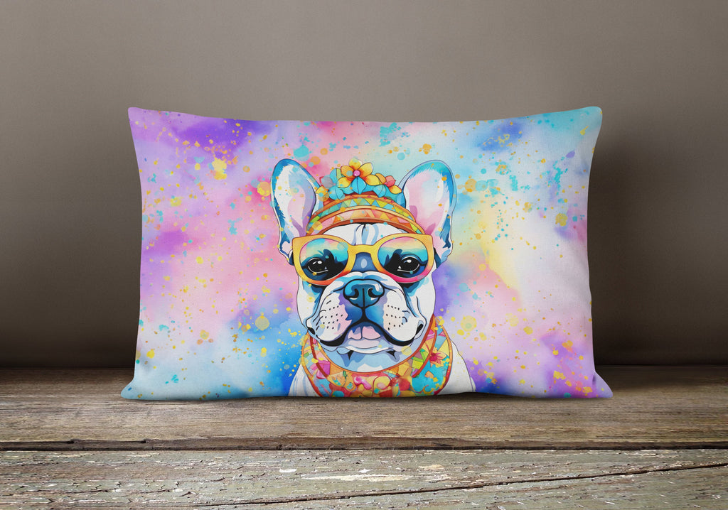 French Bulldog Hippie Dawg Decorative Throw Pillow 12x16 Indoor Outdoor Accent Cushion, Fabric Cover with Insert for Sofa, Bed, Porch & Living Room