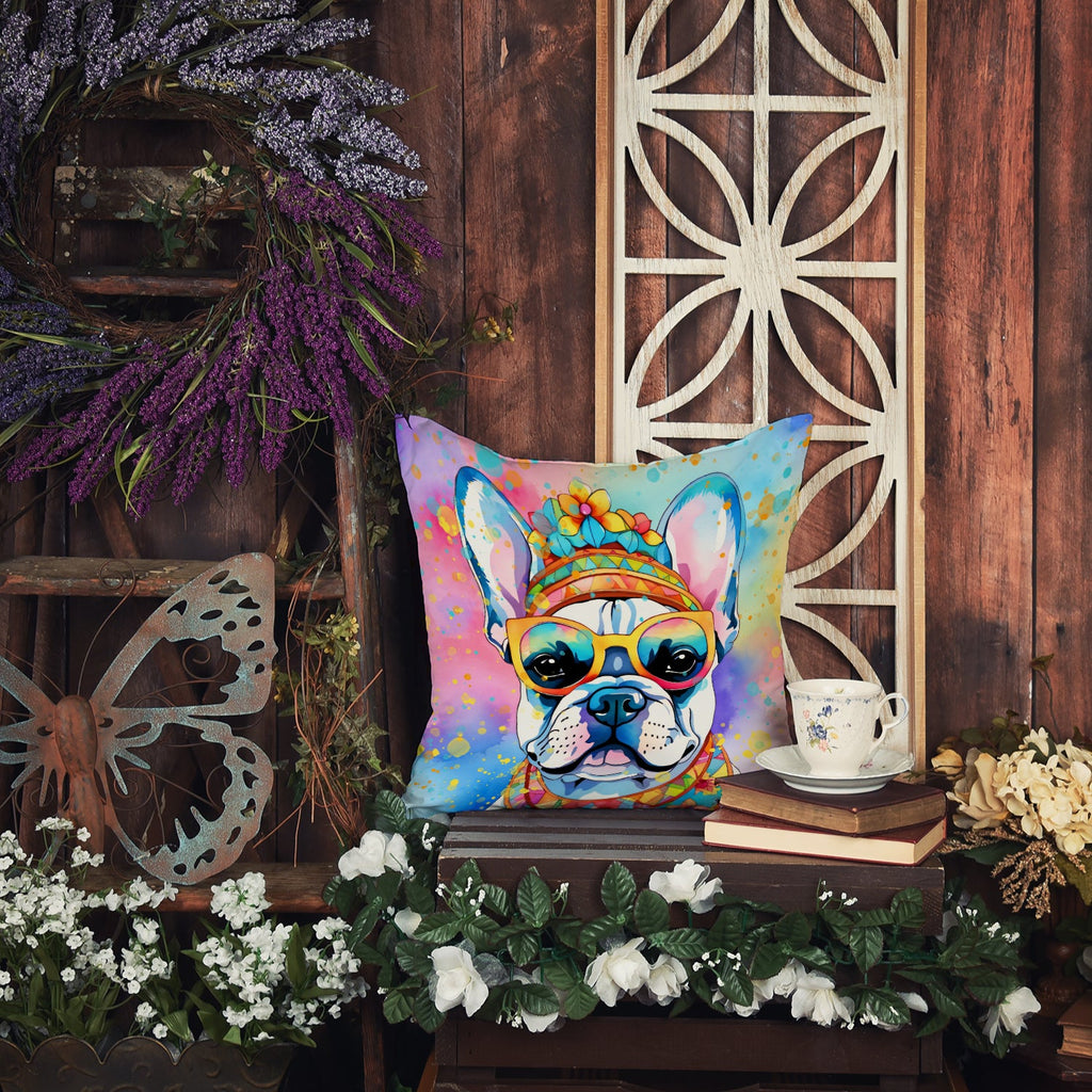 French Bulldog Hippie Dawg Decorative Throw Pillow 14x14 Indoor Outdoor Accent Cushion, Fabric Cover with Insert for Sofa, Bed, Porch & Living Room