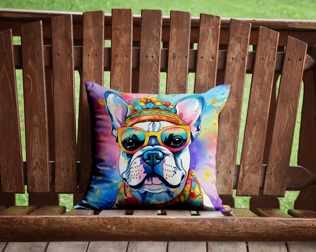 French Bulldog Hippie Dawg Decorative Throw Pillow 14x14 Indoor Outdoor Accent Cushion, Fabric Cover with Insert for Sofa, Bed, Porch & Living Room