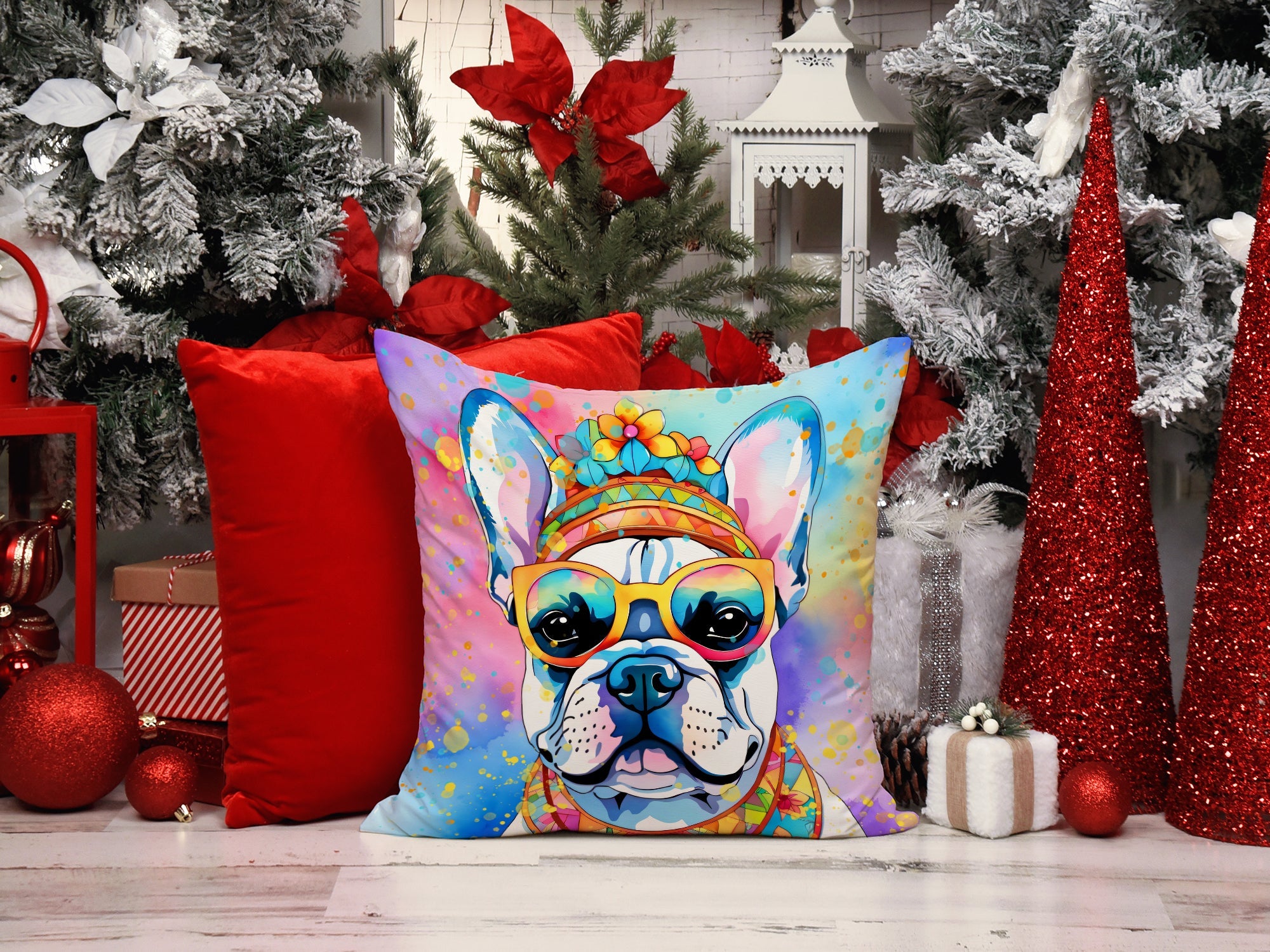 French Bulldog Hippie Dawg Decorative Throw Pillow 18x18 Indoor Outdoor Accent Cushion, Fabric Cover with Insert for Sofa, Bed, Porch & Living Room