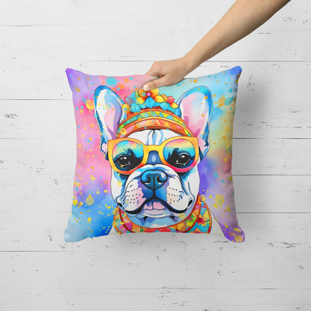 French Bulldog Hippie Dawg Decorative Throw Pillow 18x18 Indoor Outdoor Accent Cushion, Fabric Cover with Insert for Sofa, Bed, Porch & Living Room