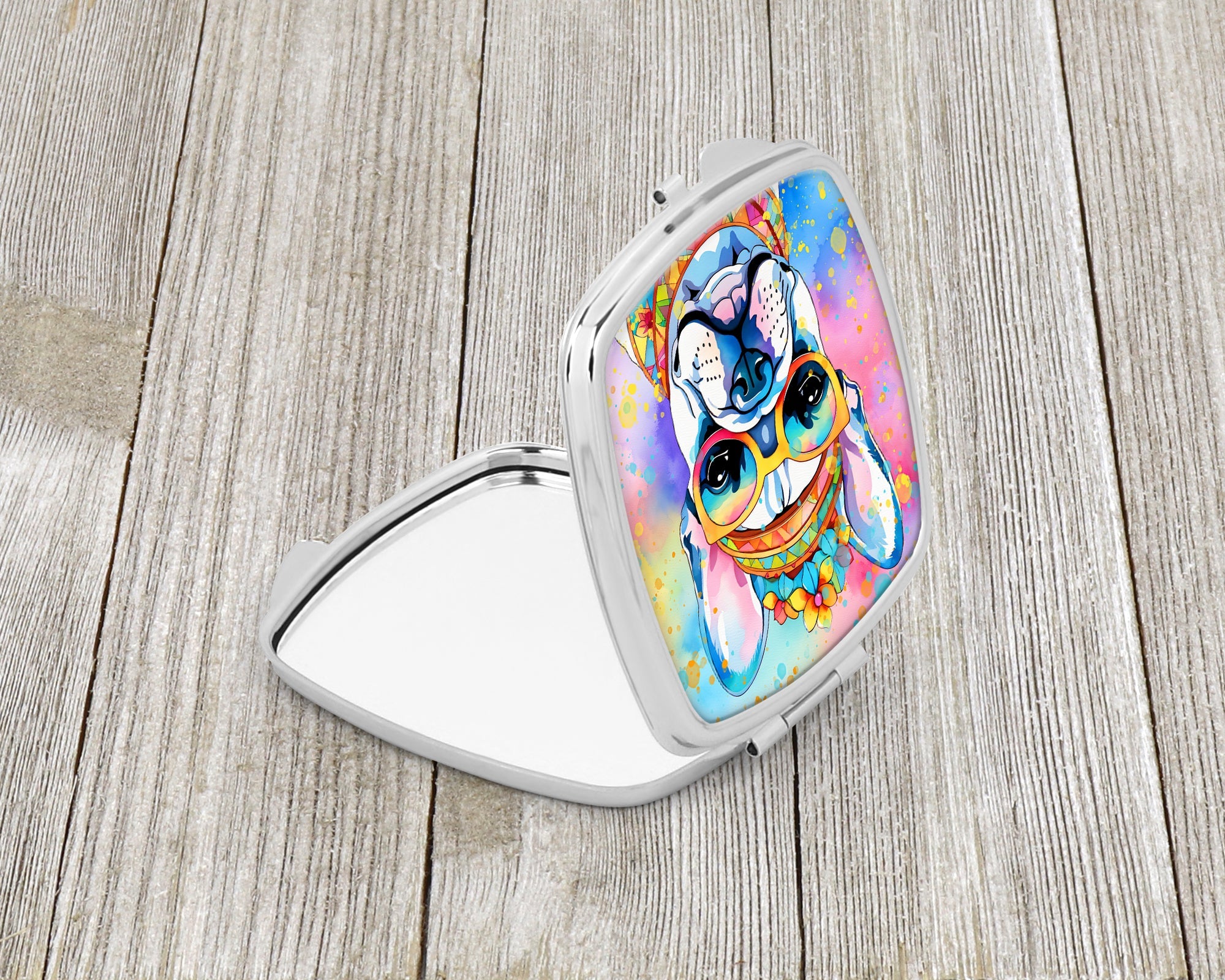 French Bulldog Hippie Dawg Compact Mirror Decorative Travel Makeup Mirror for Women Girls Gifts Pocket Makeup Mirror Folding Handheld