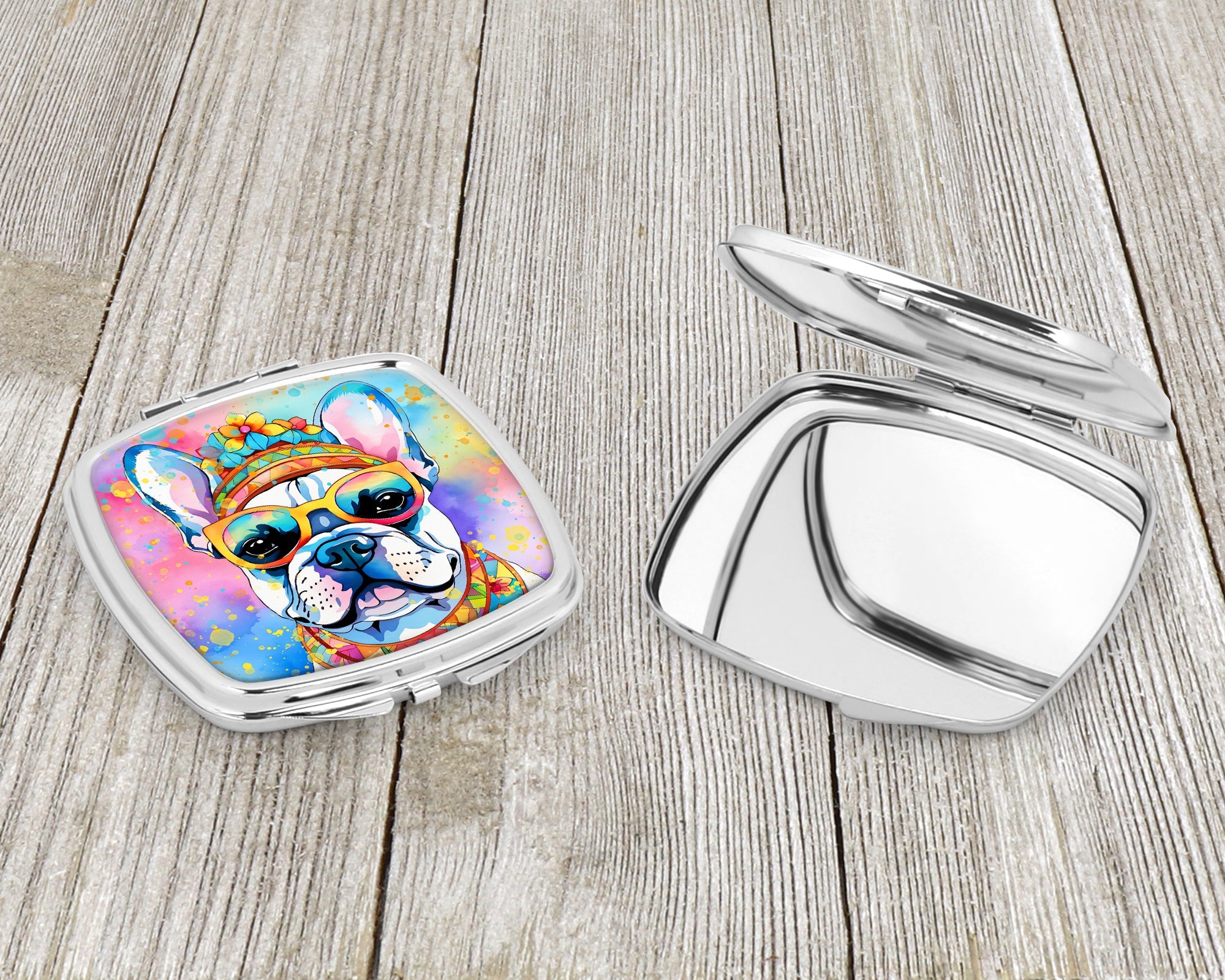 French Bulldog Hippie Dawg Compact Mirror Decorative Travel Makeup Mirror for Women Girls Gifts Pocket Makeup Mirror Folding Handheld