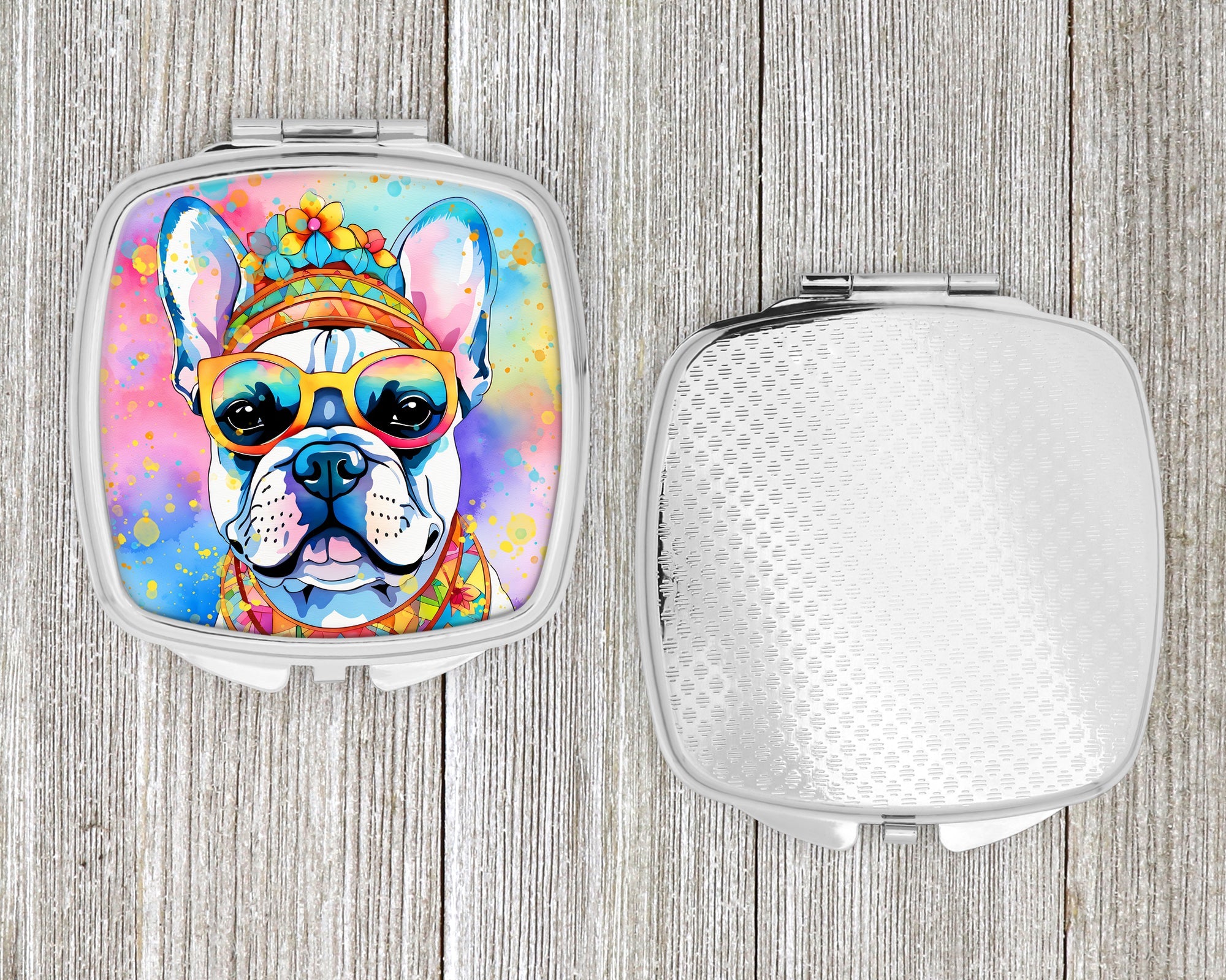 French Bulldog Hippie Dawg Compact Mirror Decorative Travel Makeup Mirror for Women Girls Gifts Pocket Makeup Mirror Folding Handheld
