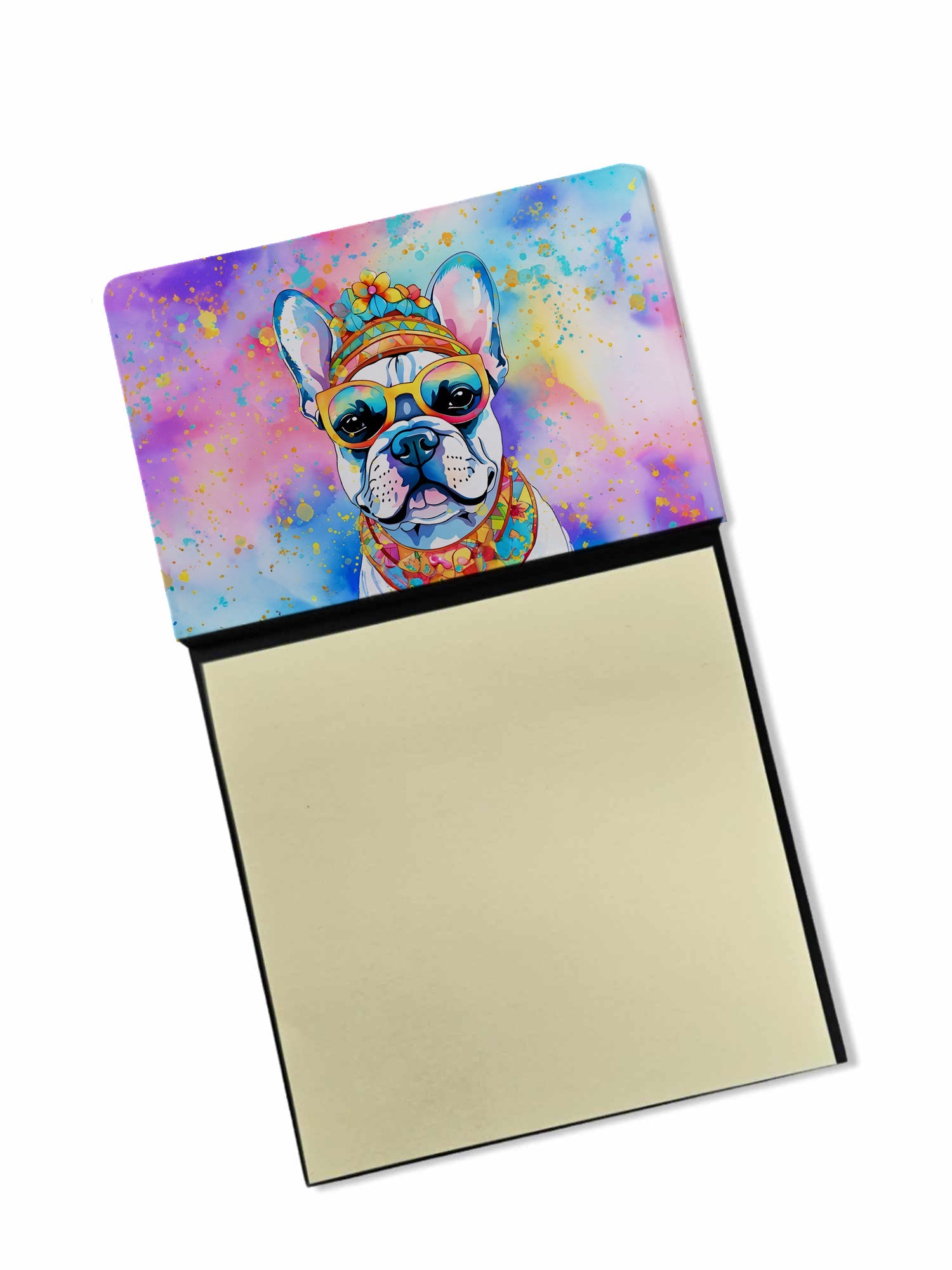 French Bulldog Hippie Dawg Watercolor Sticky Note Holder Refillable Dispenser Desk Accessory 3x3 Pad Gift