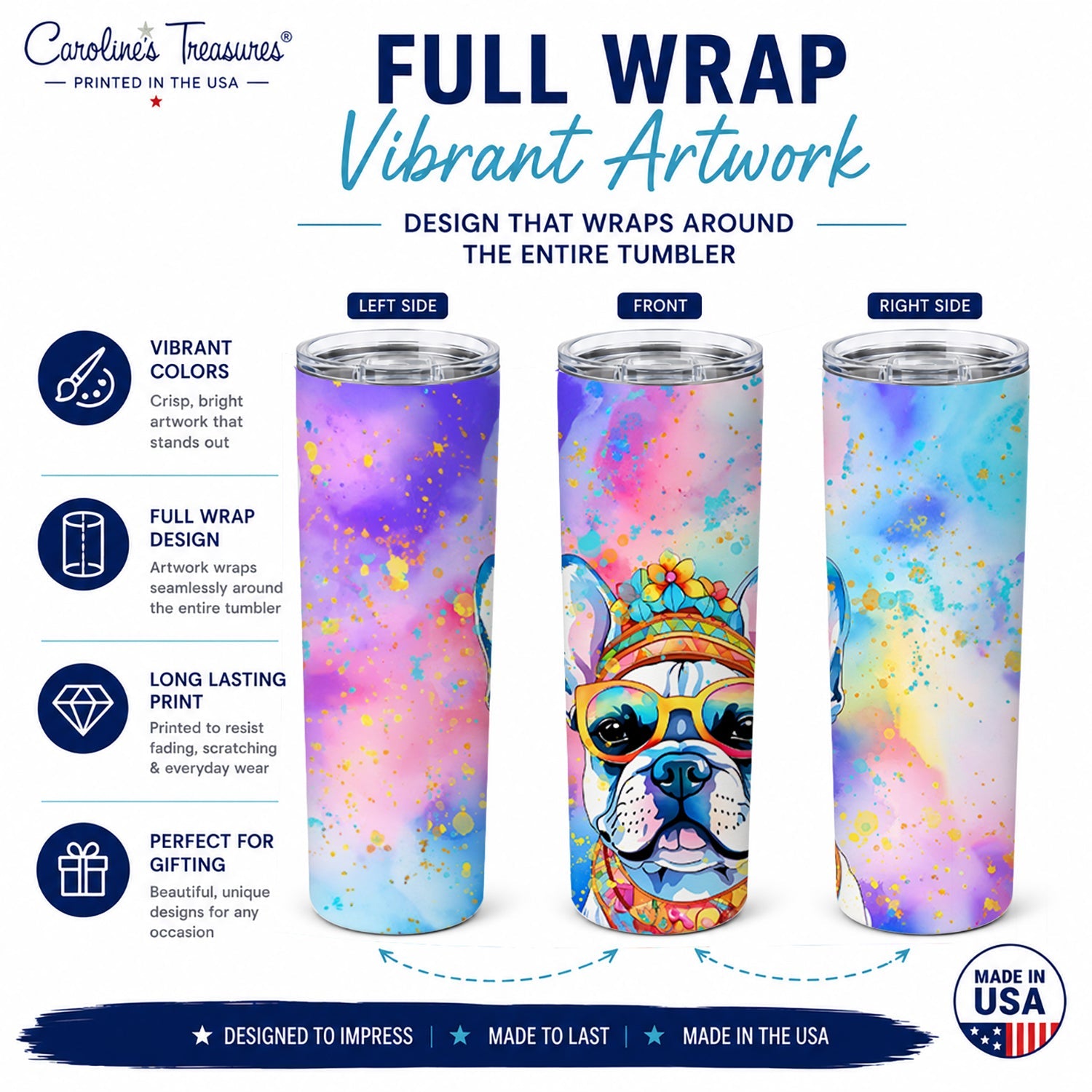 French Bulldog Hippie Dawg Stainless Steel Skinny Tumbler 20 oz Vacuum Double Walled Reusable Insulated Travel Cup