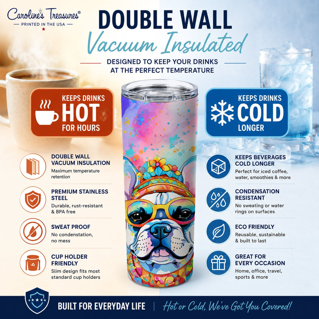 French Bulldog Hippie Dawg Stainless Steel Skinny Tumbler 20 oz Vacuum Double Walled Reusable Insulated Travel Cup
