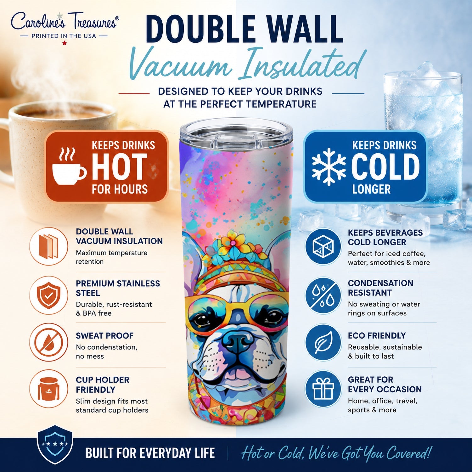 French Bulldog Hippie Dawg Stainless Steel Skinny Tumbler 20 oz Vacuum Double Walled Reusable Insulated Travel Cup