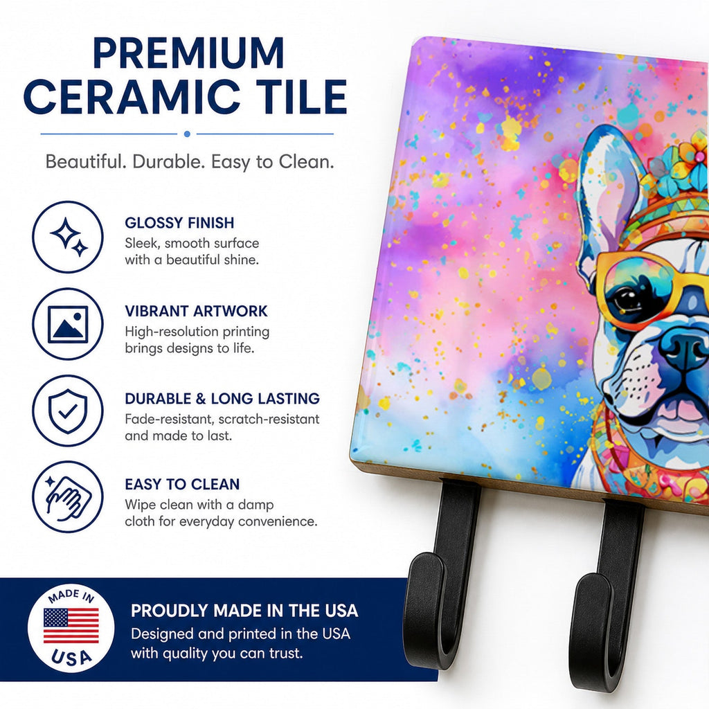 French Bulldog Hippie Dawg Leash or Key Holder Wall Hooks, Coat Rack Wall Mount, for Hanging Keys, Towels, Aprons, Leashes