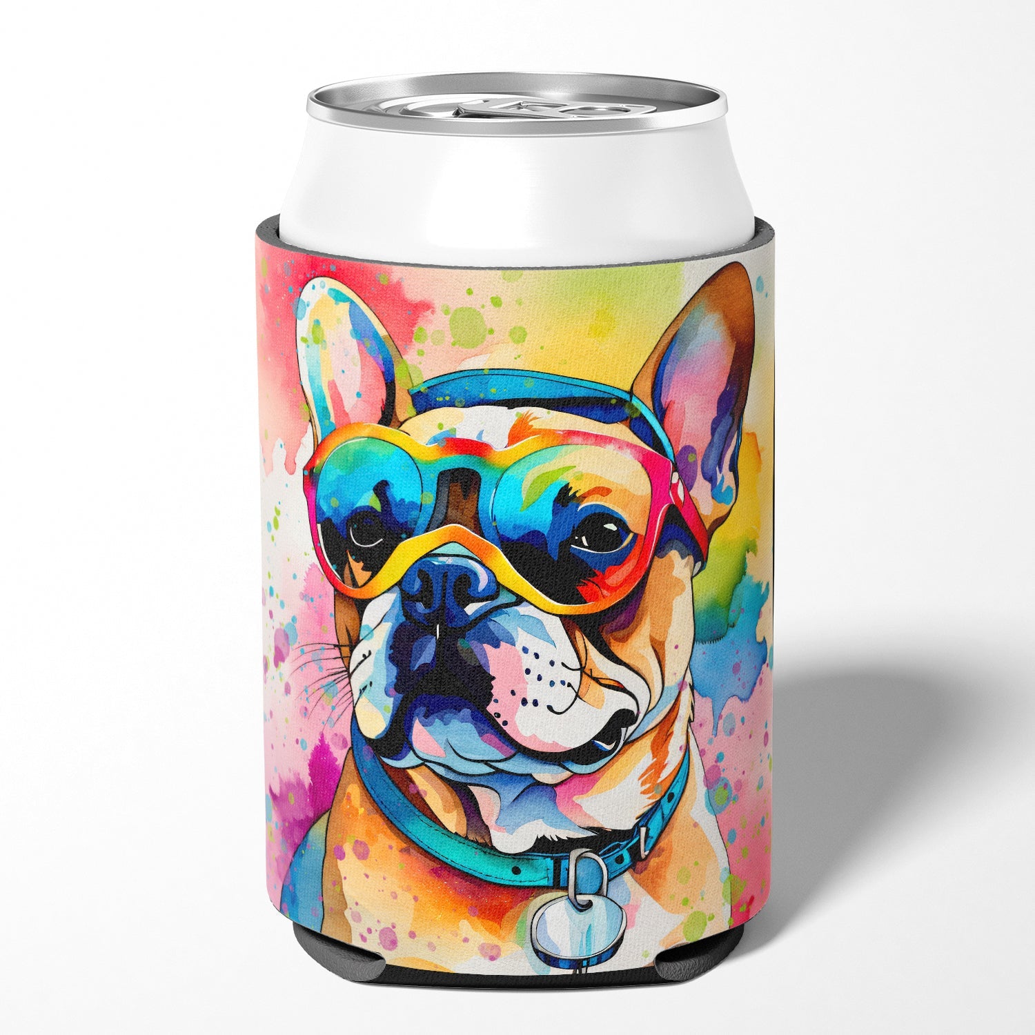 French Bulldog Hippie Dawg Can or Bottle Hugger Cooler Sleeve for Standard 12 oz Cans, Insulated Foam Beer & Soda Can Hugger Reusable