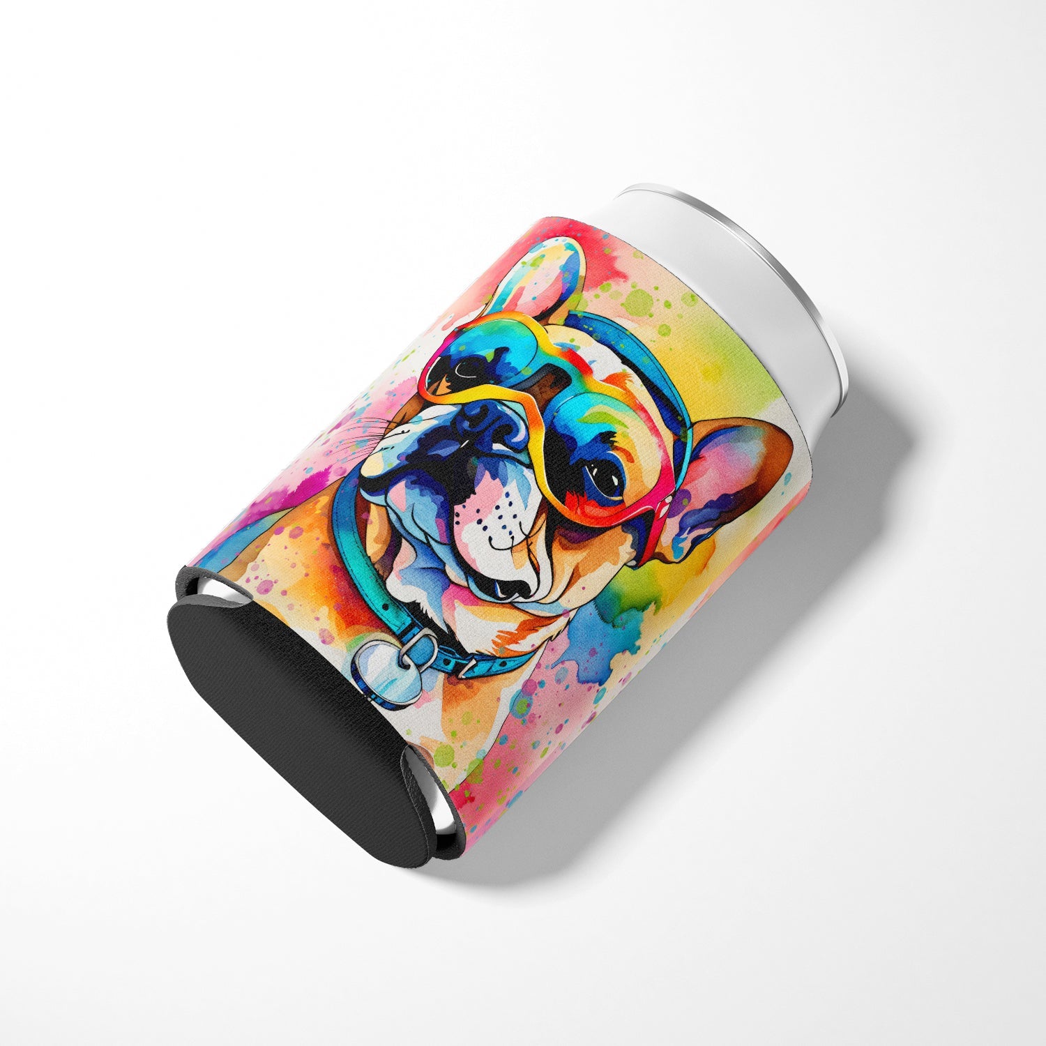French Bulldog Hippie Dawg Can or Bottle Hugger Cooler Sleeve for Standard 12 oz Cans, Insulated Foam Beer & Soda Can Hugger Reusable